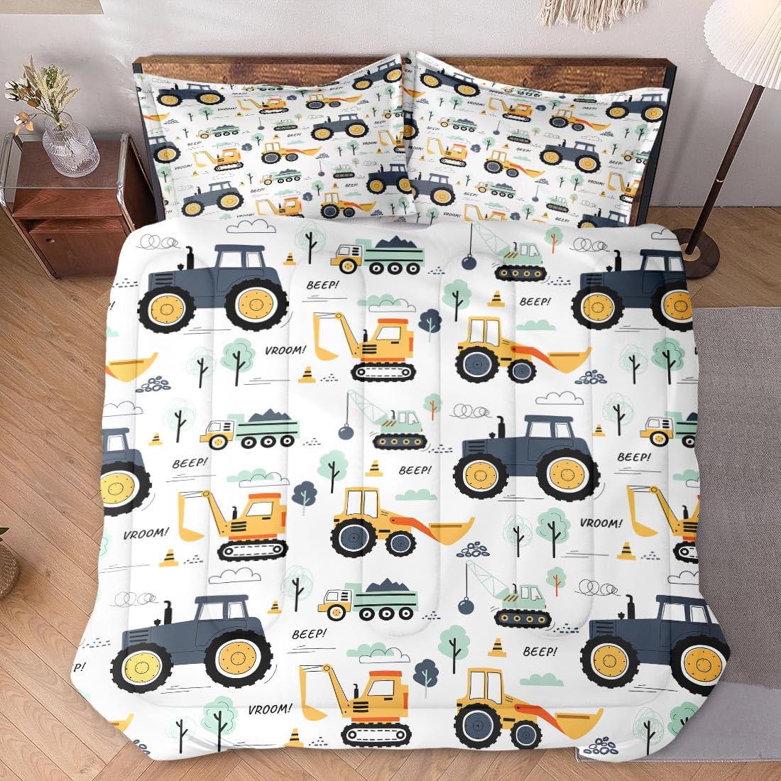 WeCozy Twin Size Comforter Set with Pillowcase, Boho Wood Construction Truck Tractor Soft 2 Pcs Bedding for Kids and Adults Bedroom Bed Decor