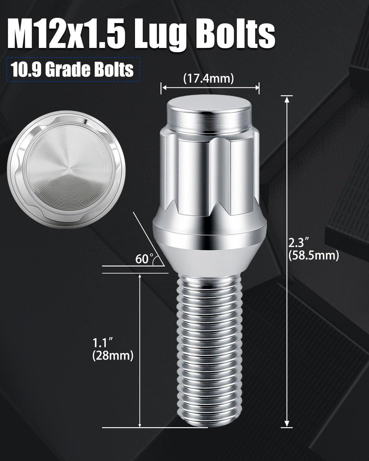 GAsupply M12x1.5 Lug Bolts 28mm Shank Fit for BMW BMW 3 7 Series M5 M6 Z3 Z4 Z8, Chrome 12x1.5 Spline Lug Bolt Stock Stud Cone Seat, 20pcs+1pcs 3/4" 19mm&13/16" 21mm Hex Socket Key
