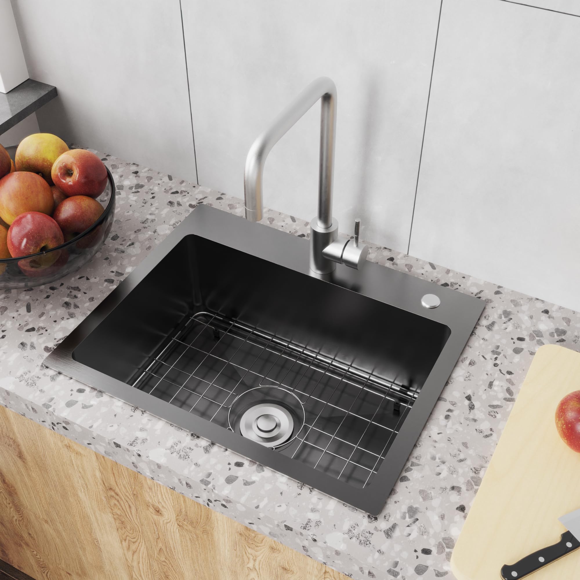 Bathenum Edelstahl-Spüle Topmount 50,8 X 40,6 Cm – Schwarze Küchenspüle Mit Ablauf & Gitter