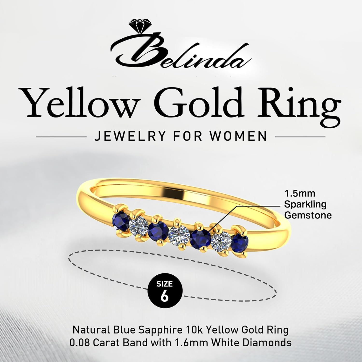 10k Yellow Gold Ring with Diamond Natural Sparkling 1.5mm Gemstone 0.08 carat Band White 1.6mm Diamonds 0.057 carat Prong Setting with Round Shaped in Gift for Women - Image 2