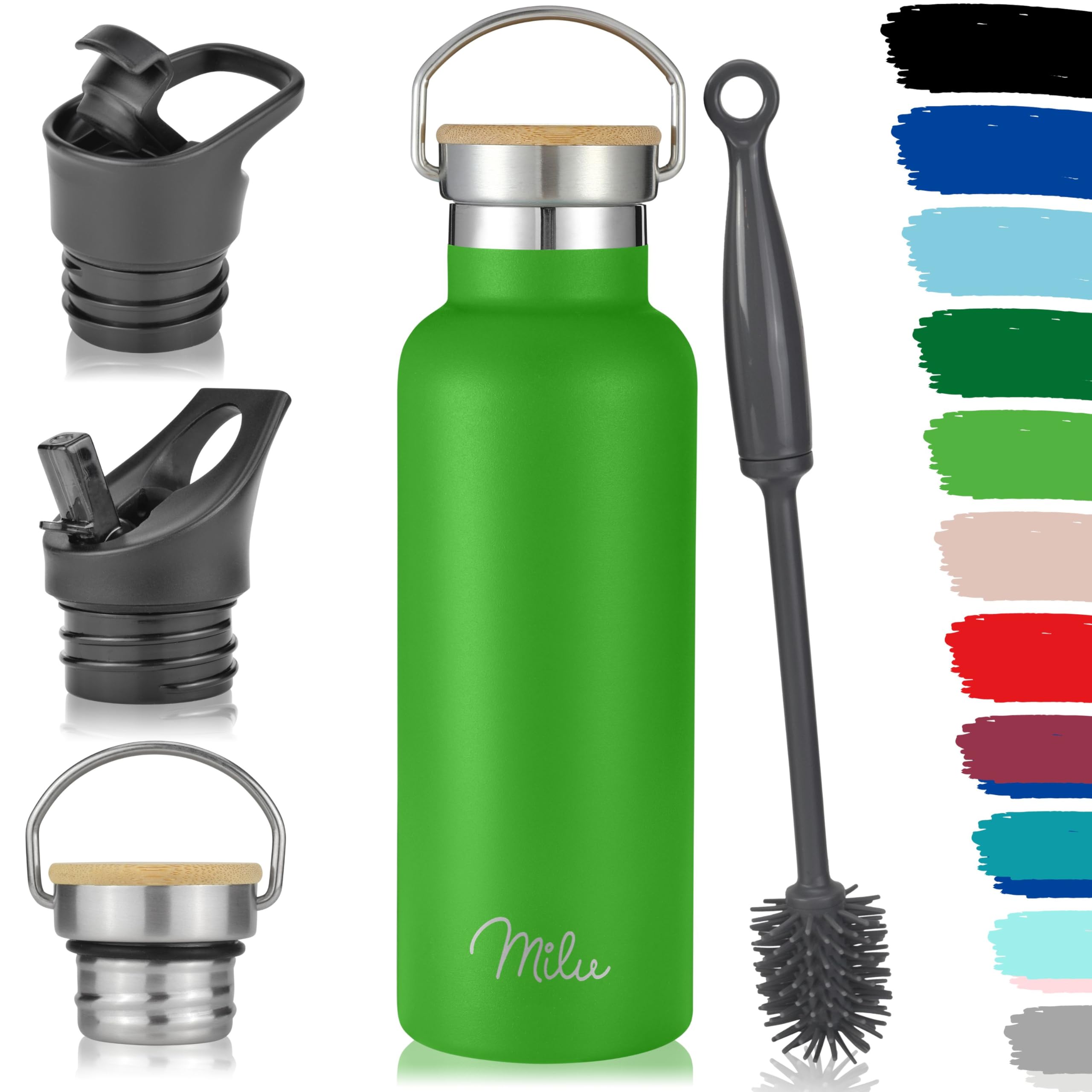 Milu Apple Green Stainless Steel Drinking Bottle 350Ml, 500Ml, 750Ml, 1L (+3 Lids) - Thermo Bottle With Straw, Water Bottle, For Hot, Cold & Carbonated Drinks (, 500Ml)