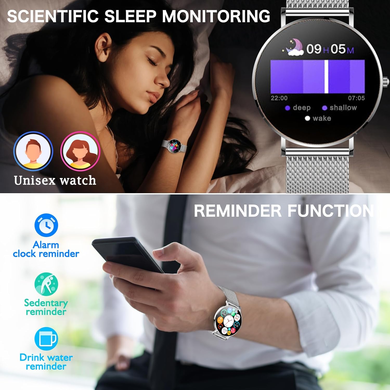 Smart Watch for Men and Women, 1.3 Inch Amoled HD Round Full Touch Screen Watch, Full Metal 6.8MM Ultra-Thin Case, Multiple Sports Modes, Compatible with Androidand iOS (Steel Silver)