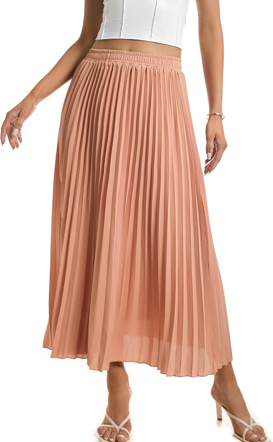 Womens Elastic High Waist Long Pleated Skirt Tiered Boho Swing A line Beach Maxi Skirt - Image 7