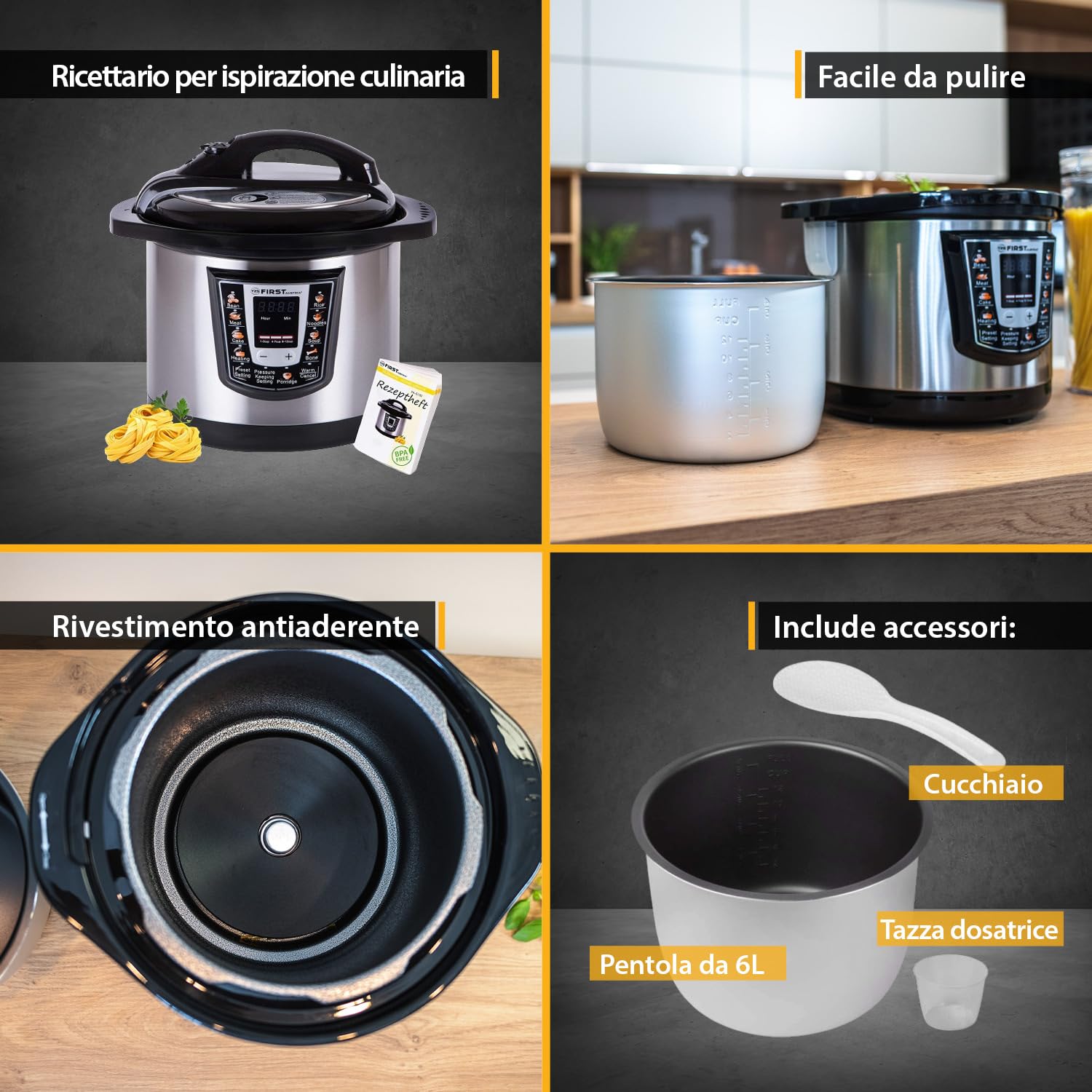 TZS First Austria - Olla a presión eléctrica 6L con 9 programas automáticos - Multicooker 1000W como arrocera, vaporera, Crock Pot, etc. - Multiolla eléctrico a presión