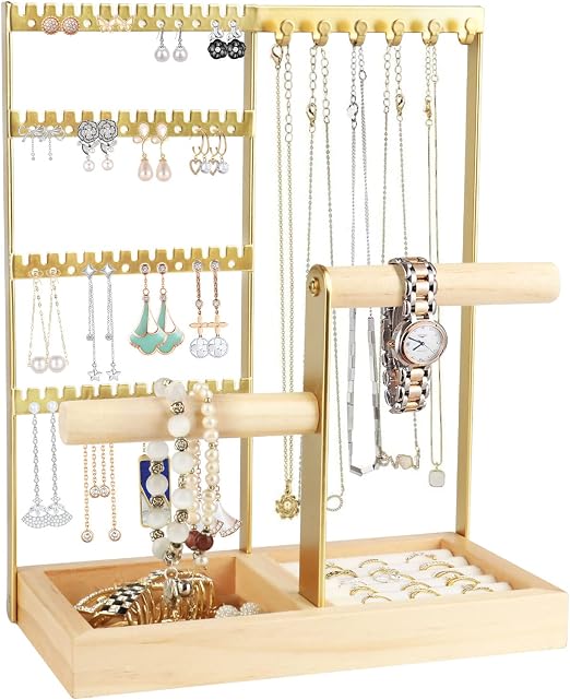 Présentoir à Bijoux Arbre En Métal – Laiton Vieilli – Avec Nid à Bagues – Organisateur De Colliers, Bracelets