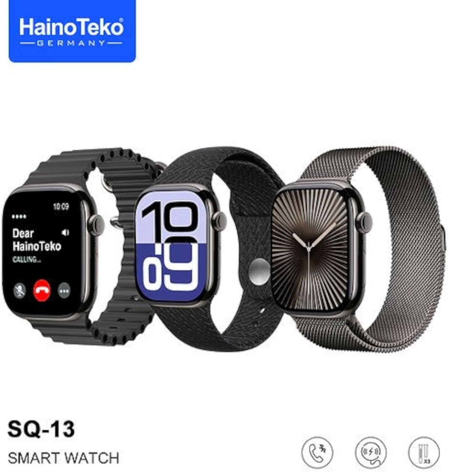 Three Haino Teko SQ-13 Smart Watches with different straps and display styles