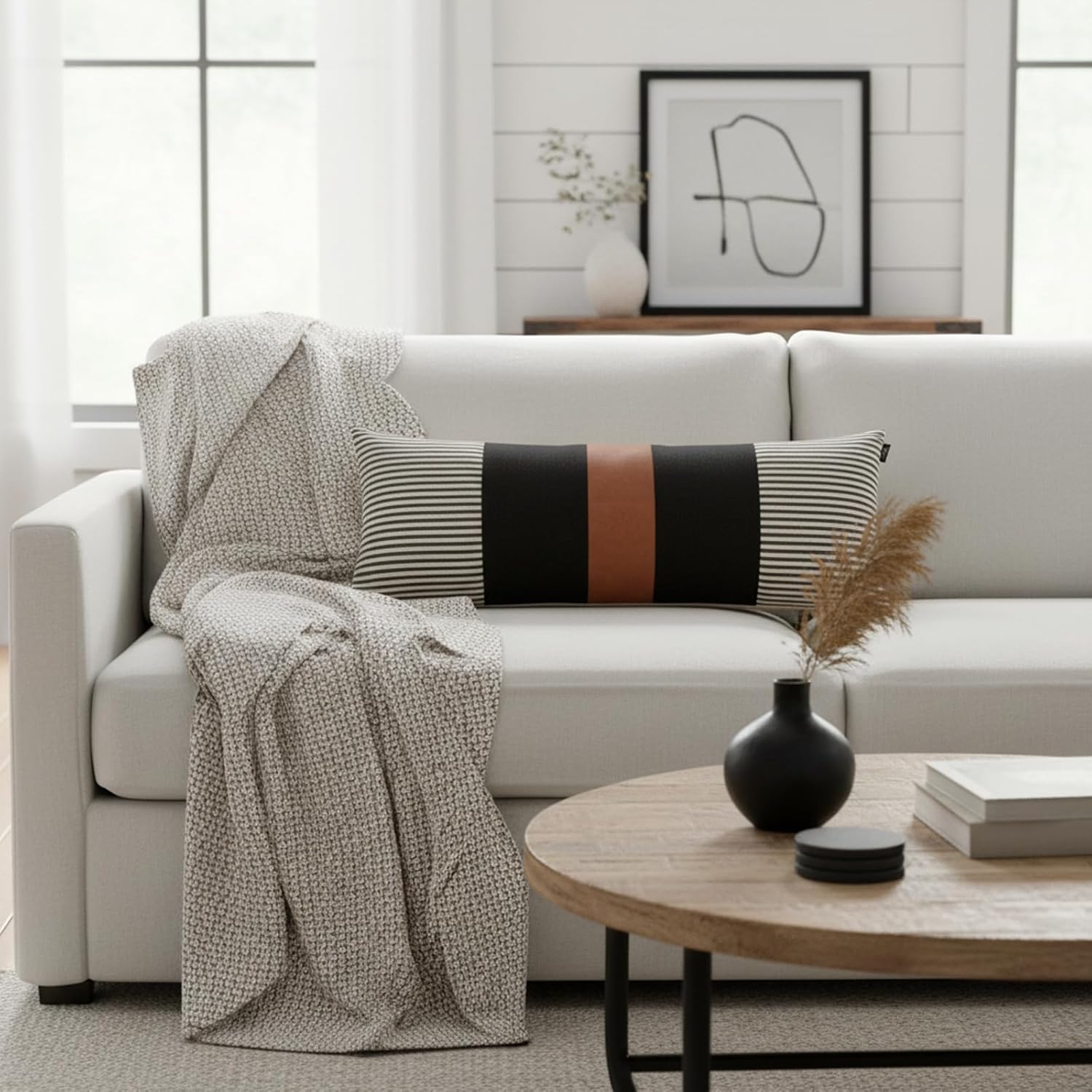 Black Decorative Long Body Lumbar Throw Pillow Cover 14x36 Inch for Bed Couch Sofa, Stripe Farmhouse Pillowcase Boho Decor (Cover ONLY, Pack of 1)