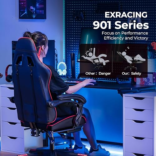 Miniatura 7 de EXRACING Silla ergonómica para videojuegos, silla de computadora con reposapiés y soporte lumbar, silla de oficina de cuero con respaldo alto