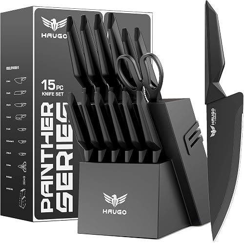 HAUGO 15-Piece Black Knife Set With Block & Built-in Sharpener, 15° Razor-Sharp 