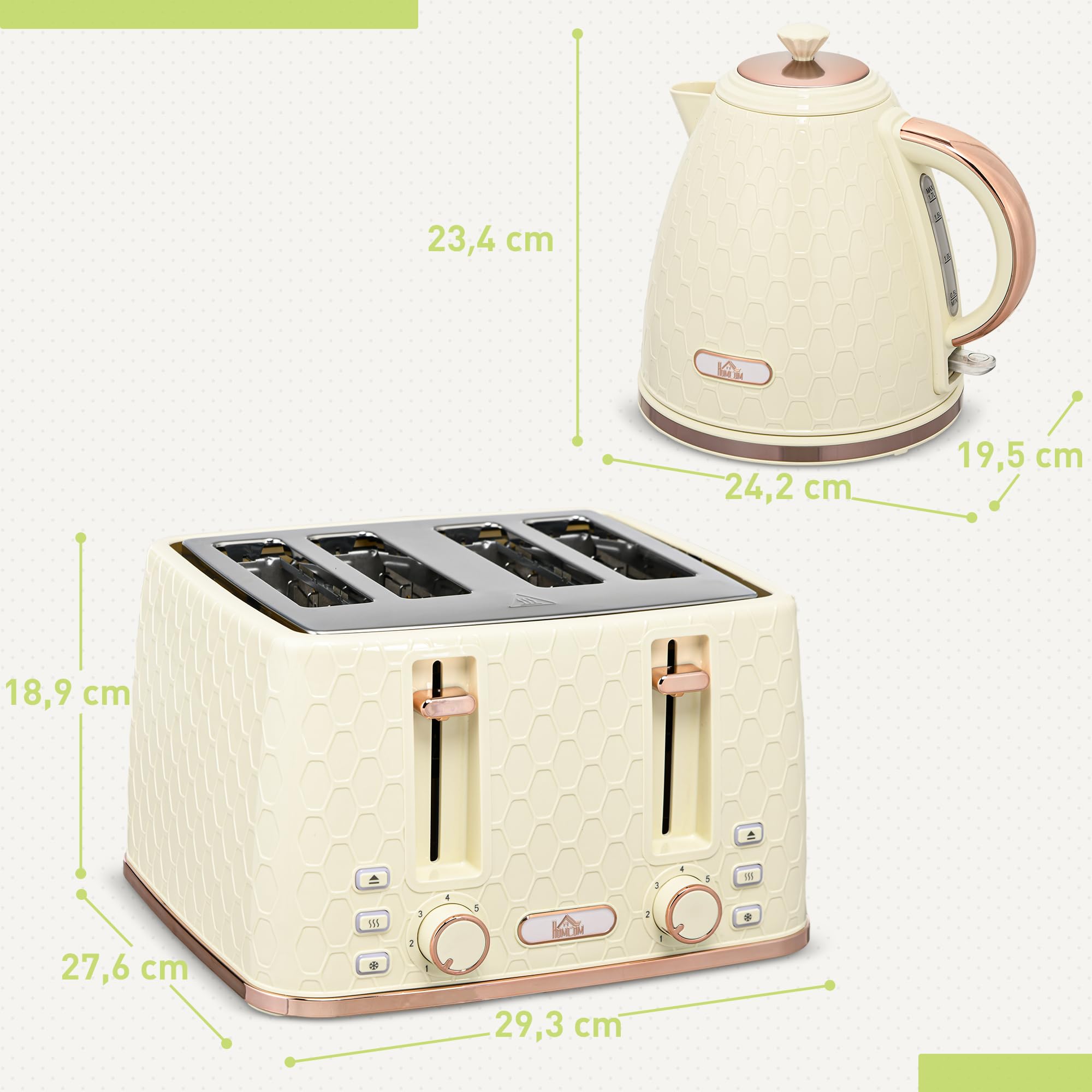 HOMCOM Kettle Toaster Set 1,7L Bollitore 4 fette di pane tostato Set per la colazione con 7 livelli di doratura, spegnimento automatico, funzione di scongelamento e riscaldamento e vassoio