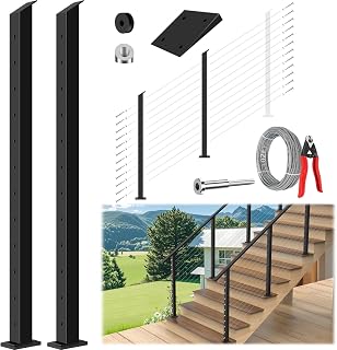 42" Complete Set Stair Cable Railing Post Kits, 2 Pack 33° Drilled Black Deck Post Fit 28-38° Stairway, Included 102FT Stainless Steel Wire Rope, 24 Tensioner, 24 Angle Washer (No Handrail)
