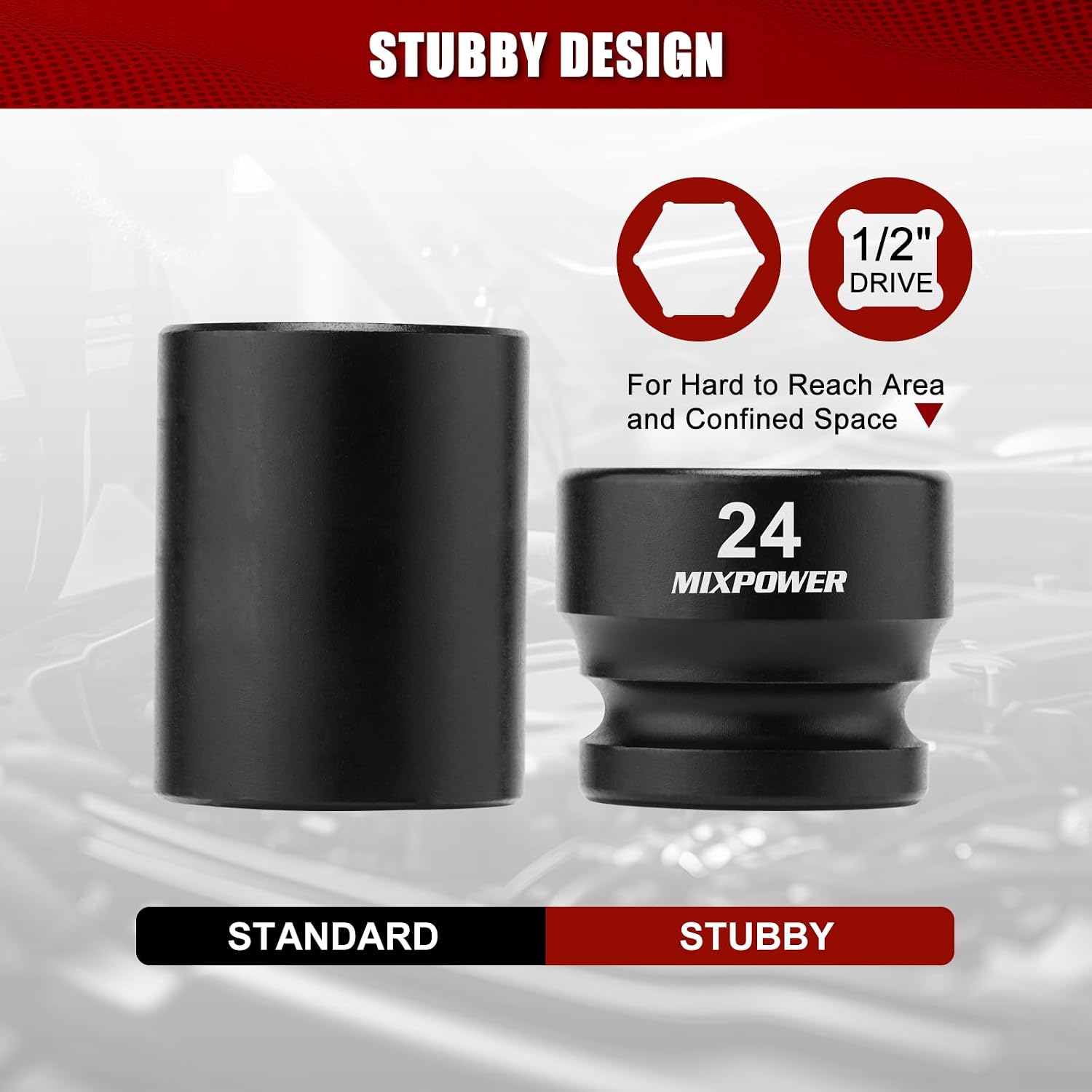 MIXPOWER 1/2" Drive Stubby Impact Socket,CR-MO,24mm,6-Point,Metric,Radius Corner Design, Axle Nut Impact Grade Socket for Easy Removal