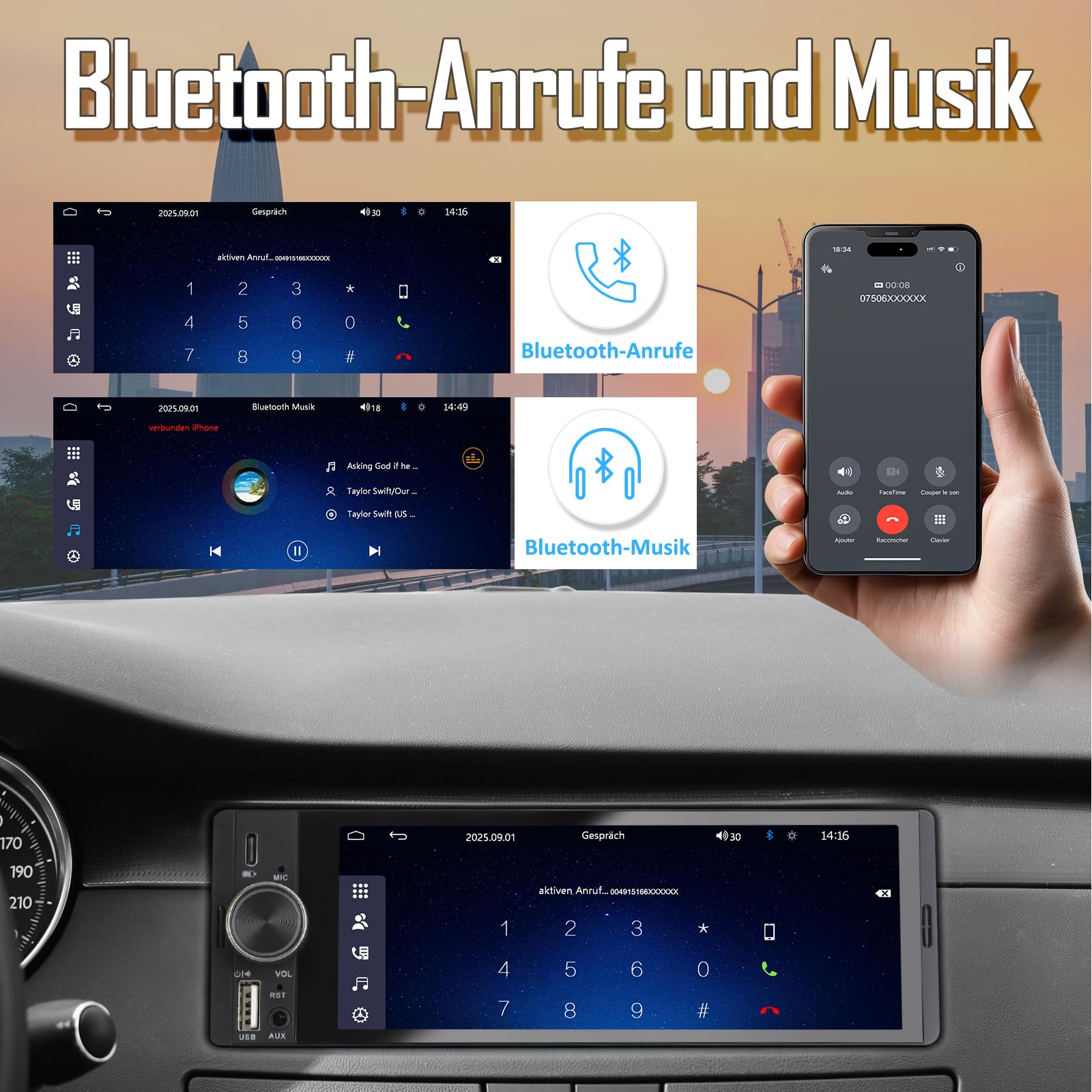 1 DIN Autoradio mit Wireless CarPlay & Android Auto, Auto Radio mit Bildschirm, GPS Navigation, FM, Bluetooth, Freisprecheinrichtung, Lenkradsteuerung, EQ, MirrorLink, AUX