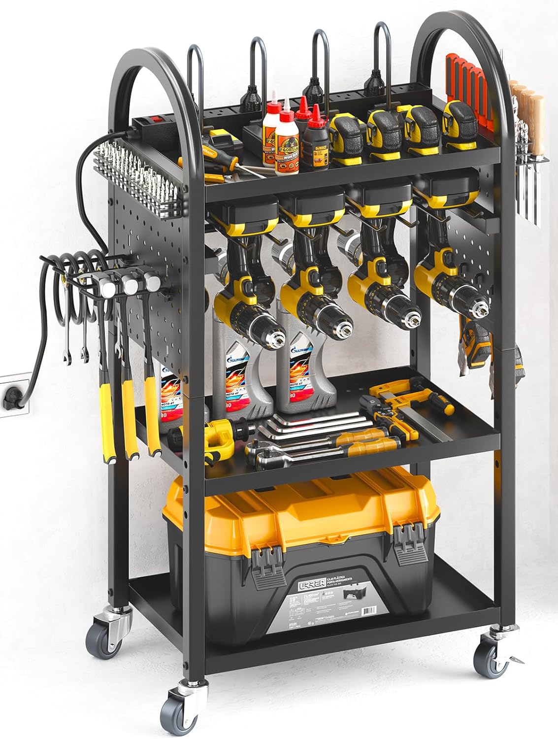 Warome Large Power Tool Organizer Cart with Charging Station, Rolling Utility Cart with 8-Outlet Movable Power Strip, Floor Standing Drill and Battery Holder,Tool Cart on Wheels for Garage Storage