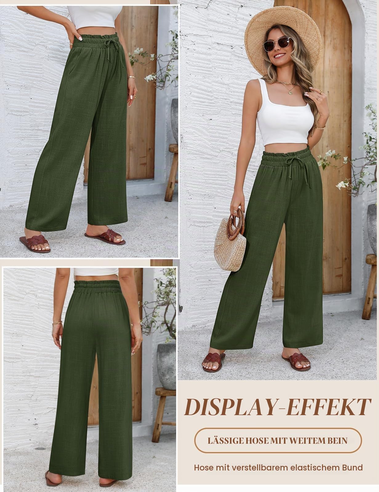 heekpek Leinenhose Damen Sommerhose Leichte Luftige Baumwolle Leinen Weites Bein Hose Sommer Loose Lang Freizeithose Elastisch Hohe Taille Bequeme Stoffhose Elegante Strandhose