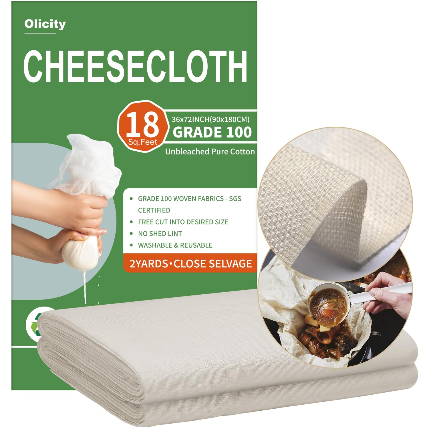 Olicity Cheese Cloths, Grade 100, 18 Sq Feet, Reusable Cheese Cloth with Closed Edges Fabric Fine Mesh Cloth,Unbleached Cotton Muslin Cheesecloth for Straining,Cooking, Juicing,Cheese,Crafts - 2 Yards