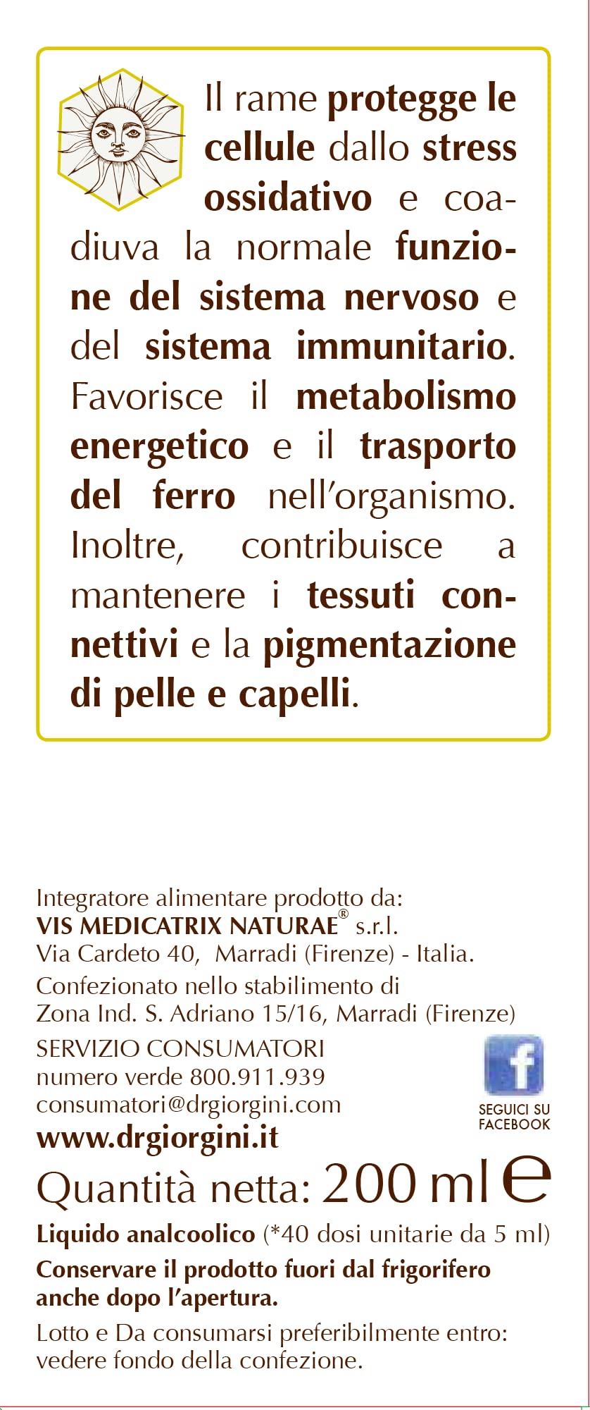 Dr Giorgini Integratore Alimentare, Rame Olimentovis Liquido Analcoolico - 200 ml