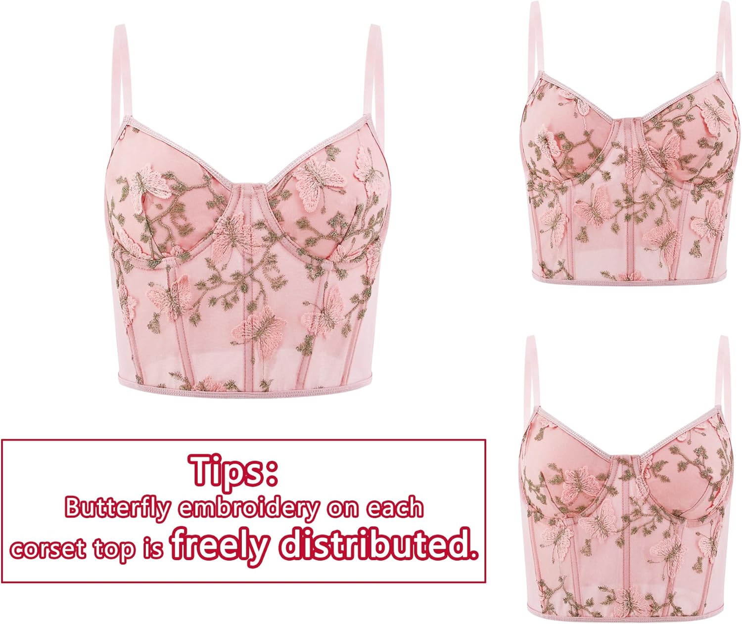 Testudineus Women's Butterfly Embroidery Crop Top Spaghetti Strap V Neck Sleeveless Corset Top Rave Party Club Top Tee - Image 7