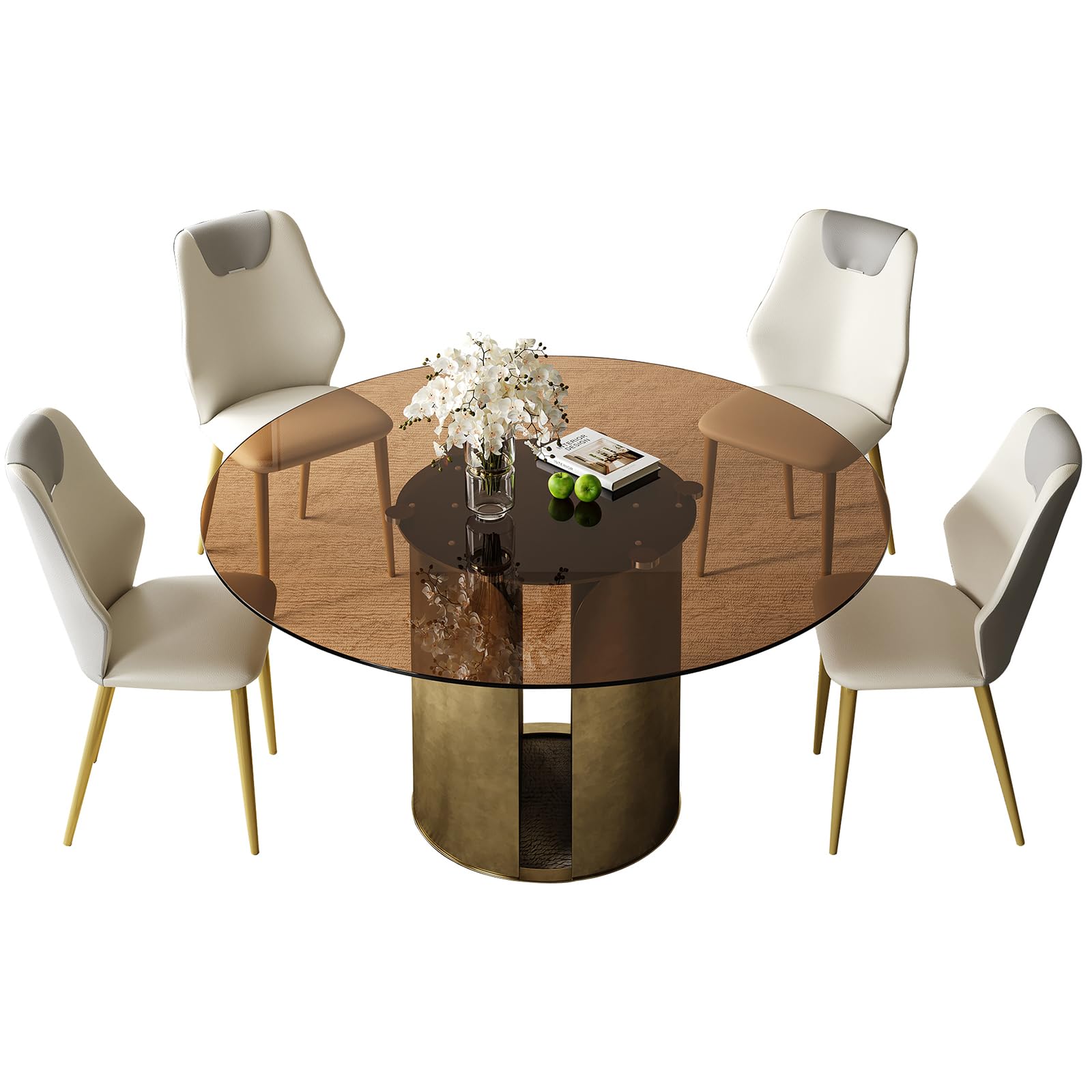 59-inch Modern Round Dining Table Set with Dark Brown Glass Tabletop &amp; Antique Copper Legs, Kitchen and Living Room Table for Family Dining Glass 6