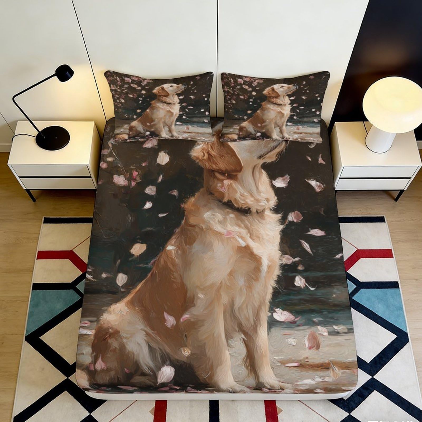 3D Printed Golden Retriever Fitted Sheet Microfiber Soft Anti-Slip Autumn Leaves Bed Cover for Bedroom Dorm Decor 90x200x25cm