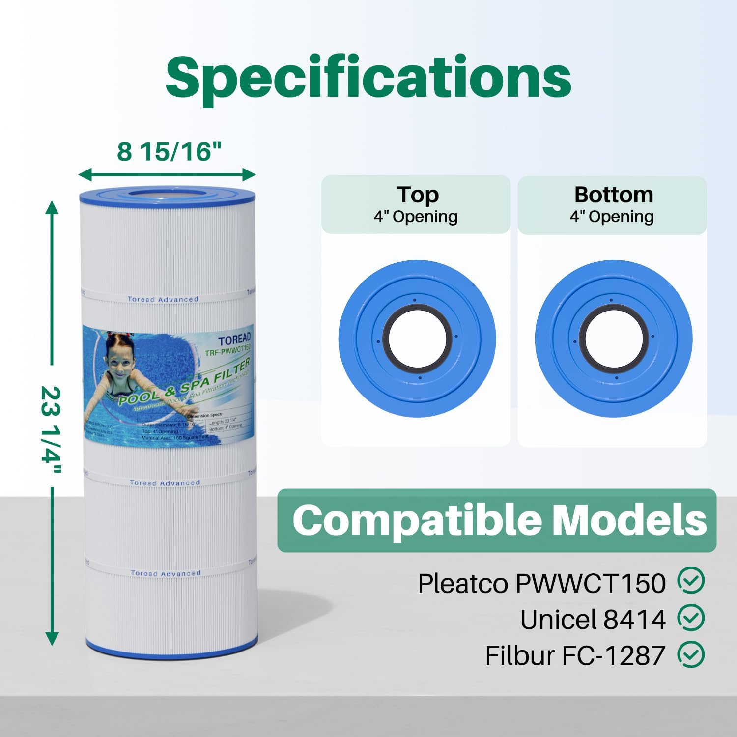 TOREAD PWWCT150 Pool Filter Replaces PWWCT150, Ultral-B3, Clearwater II ProClean 150, 817-0150N, Unicel 8414, Filbur FC-1287, SD-00210, 150 Sq.ft Filter Cartridge 1PACK - Image 2