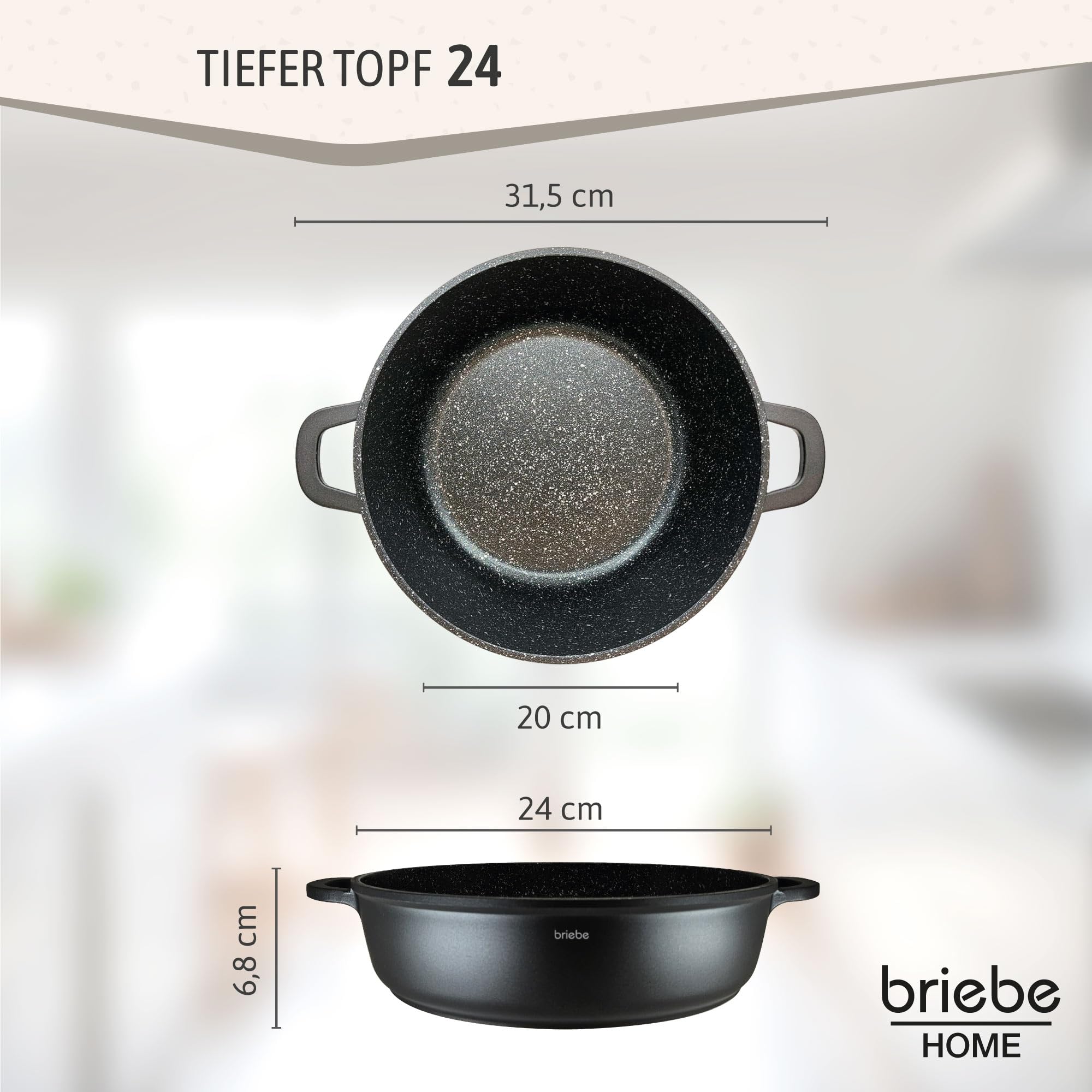 briebe Black Titanium Kochtopf für die Küche, Induktion, Antihaftbeschichtung, Titan, 24 cm, Aluminiumguss, Beschichtung ohne PFOA, Glasdeckel, Silikongriffe, Glaskeramik, Gas, Ofen