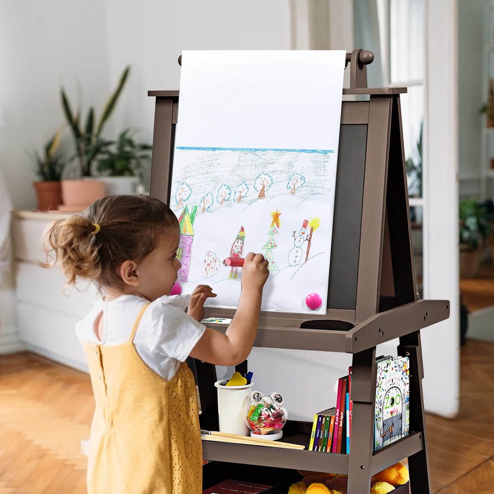 DREAMADE Chevalet Peinture pour Enfants avec Double Faces Noir et Blanc, Table àDessin pour Fille et Garçon avec 2 Étagères de Rangement, Multifonctionnel avec Accessoires Riches (Café)