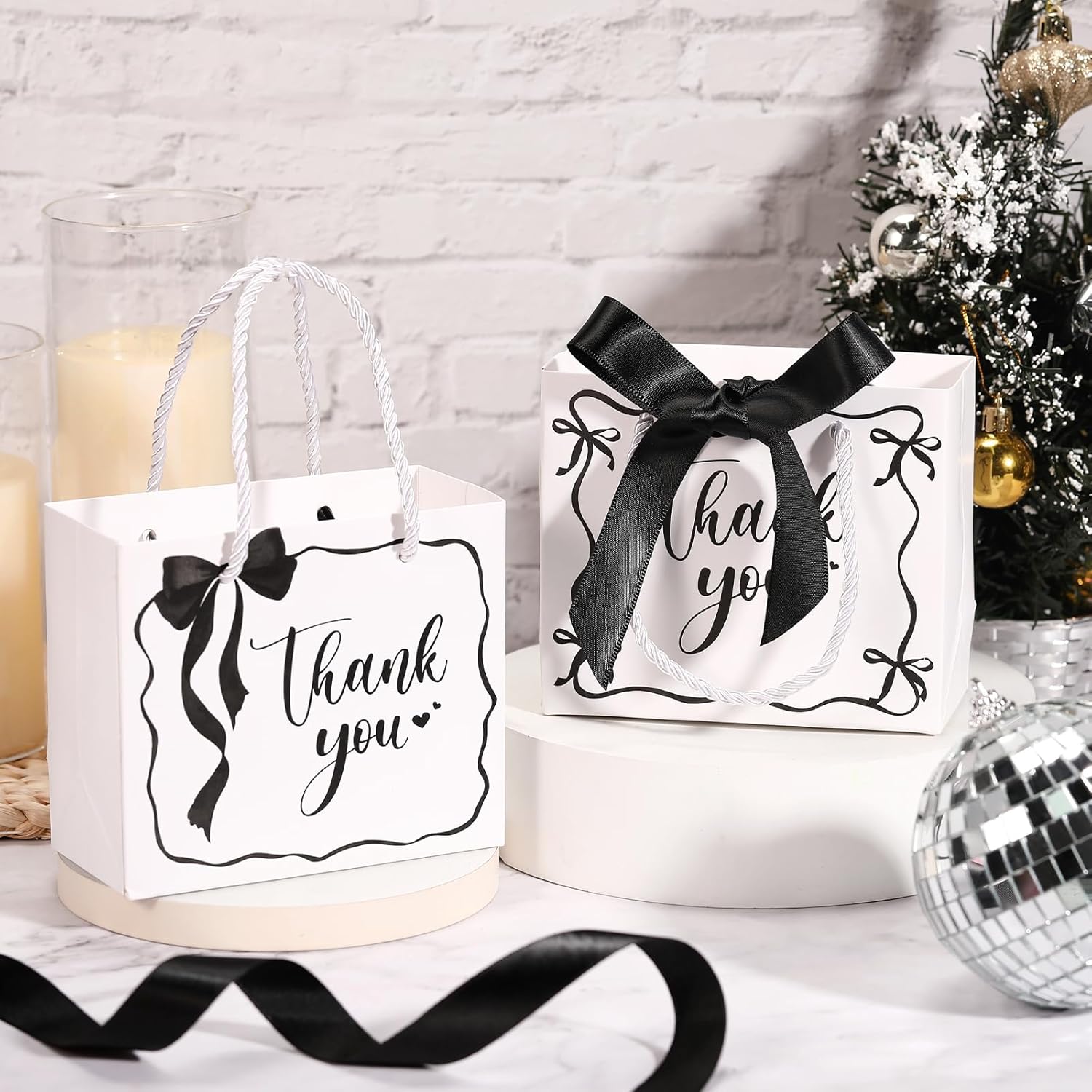 Kolldenn 24 Pcs Valentines Day Gift Bags with Handles, Small Thank You Paper Bags with Bow Ribbon, 5 x 2.5 x 4.7 in Paper Party Totes for Wedding, Baby Shower, Bridal Shower(White,Black) - Image 2