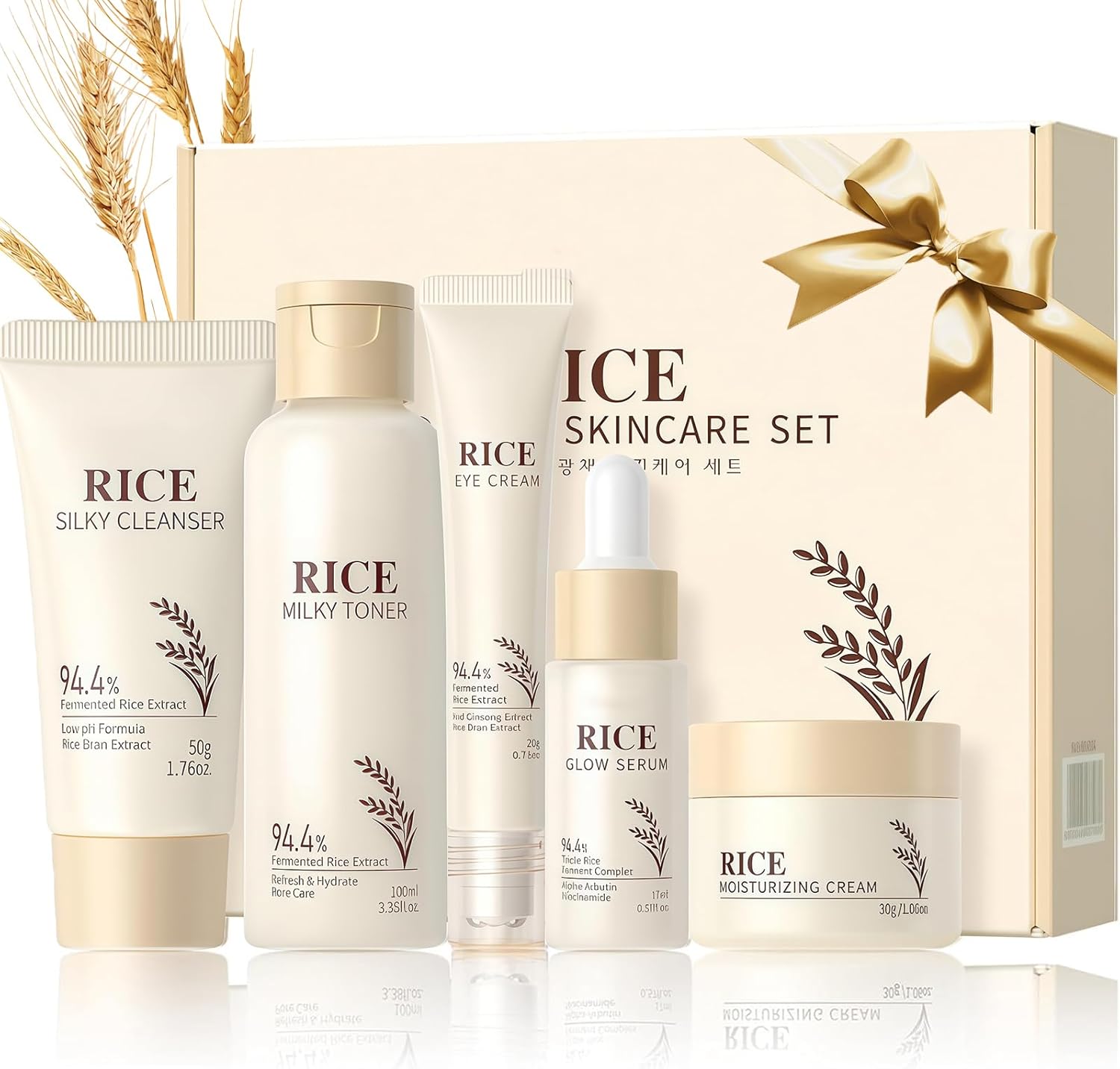 Rice Raw Pulp Skincare Set – Rice Cleanser, Toner, Serum, Cream & Eye Cream for Glass Skin, Korean Beauty Facial Kit for Women – Glowing Skin Gift Set, 5PCS