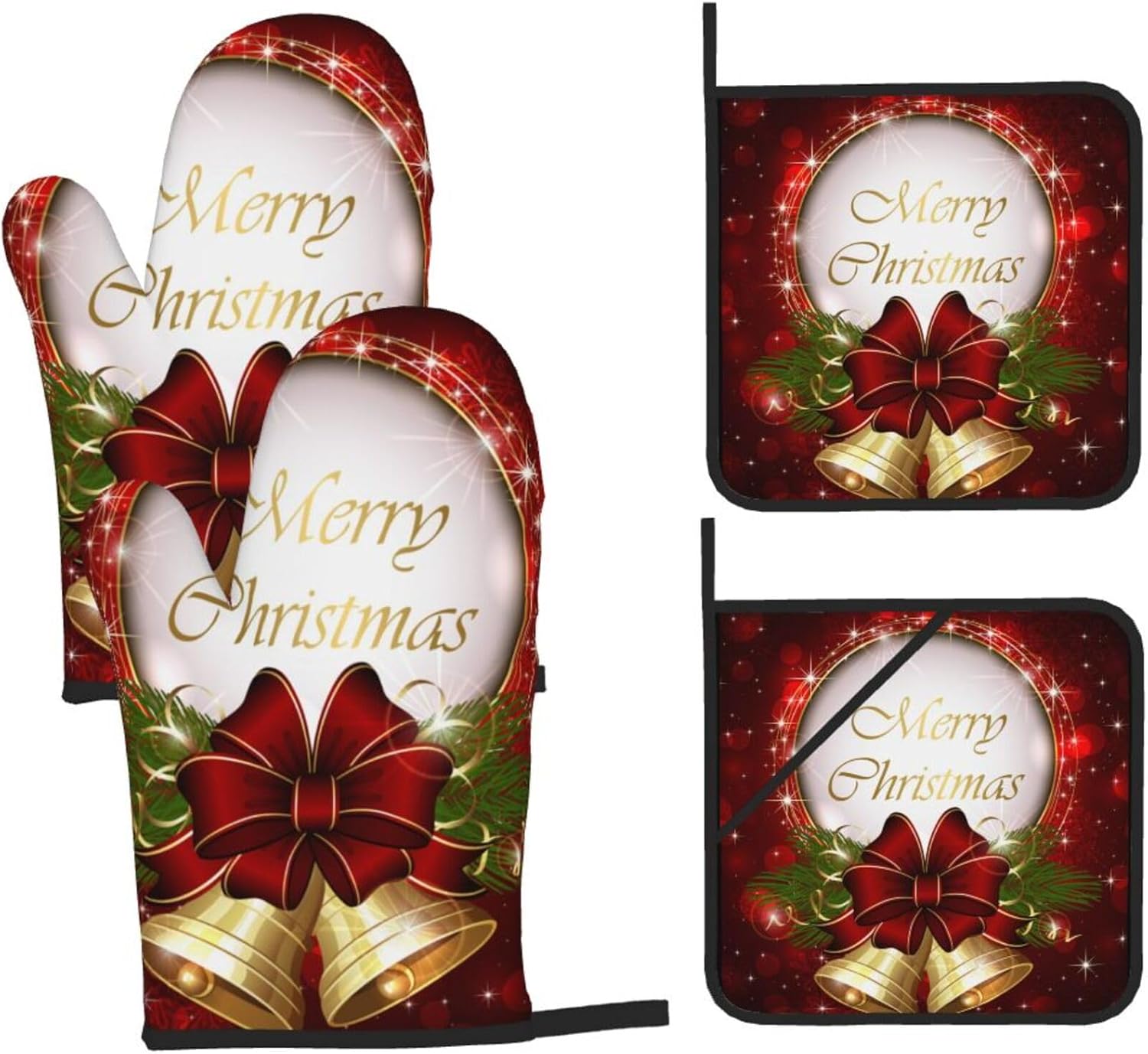 Christmas Red Bell Oven Mitts and Pot Holders Sets Xmas Holly Heat Resistant Non-Slip Kitchen Potholder Oven Gloves for Baking Cooking Grilling BBQ Mittens Kitchen Decor and Accessories Gifts