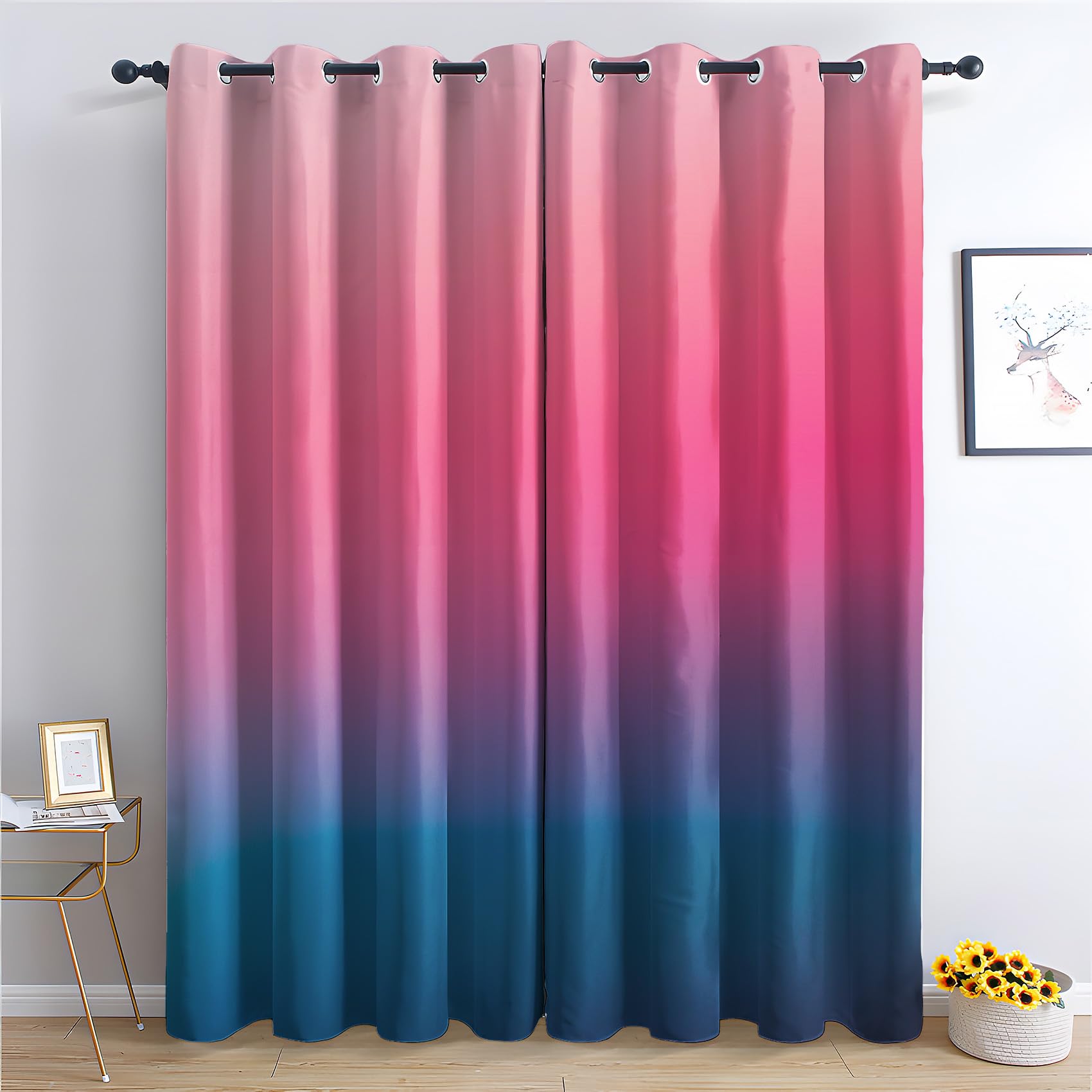 zcwl Pink Blue Gradient Curtains for Bedroom Living Room, Modern Ombre Patterned Blackout Curtains, Thermal Insulated Eyelet Curtain, 54 Drop Window Treatments Drapes, 66x54 Inch (W x L), 2 Panels