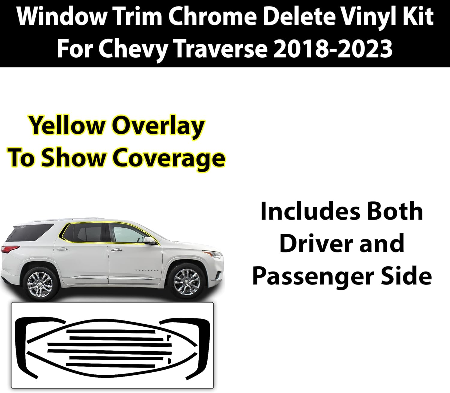 BOGAR TECH DESIGNS for Chevrolet Traverse 2018-2023 Side Window Chrome Delete – Precut Vinyl Trim Overlay, Gloss Black Blackout Appearance