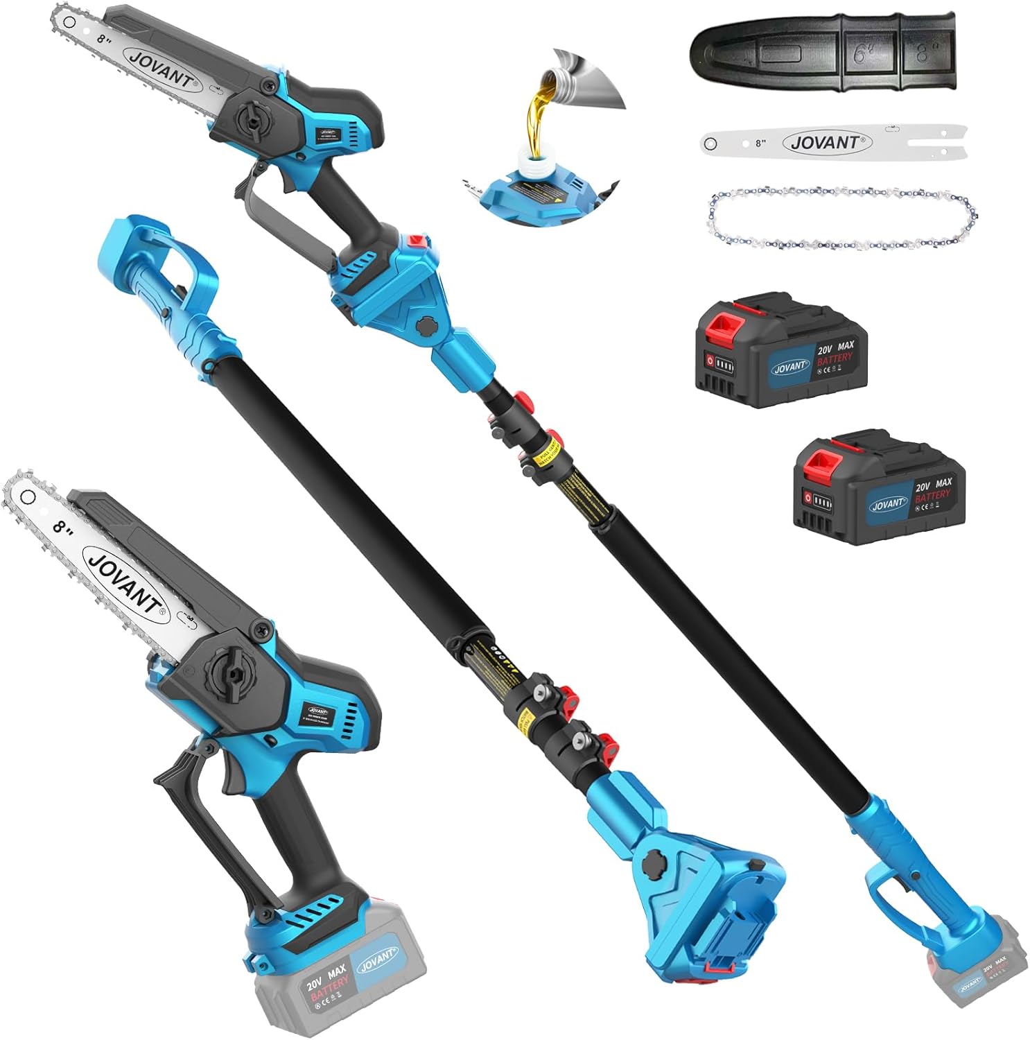 Electric Pole Saw for Tree Trimming, 2-in-1 Cordless 8 Inch Chainsaw with Extension Pole, 2 x 4.0Ah Battery Powered Tree Limb Cutter for Pruning, Tree Cutter High Reach Pole Saws for Branch Cutting