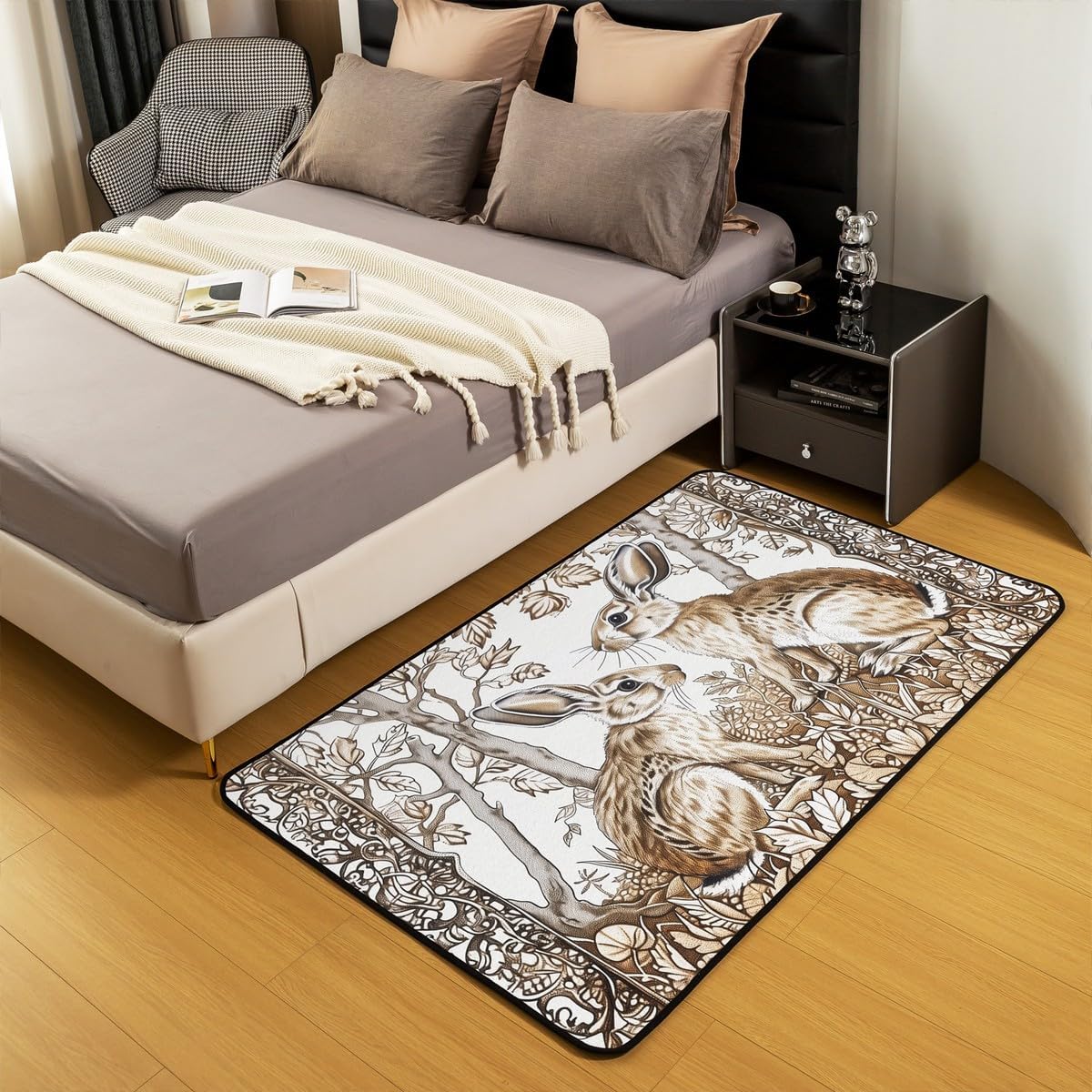 Feelyou Kids Rabbit Area Rug 3x5 Bunny Boho Damask ecorative Rug for Boys Girls Blossom Flowers Pattern Living Room Rugs Western Farmhouse Wild Animal Indoor Floor Mat