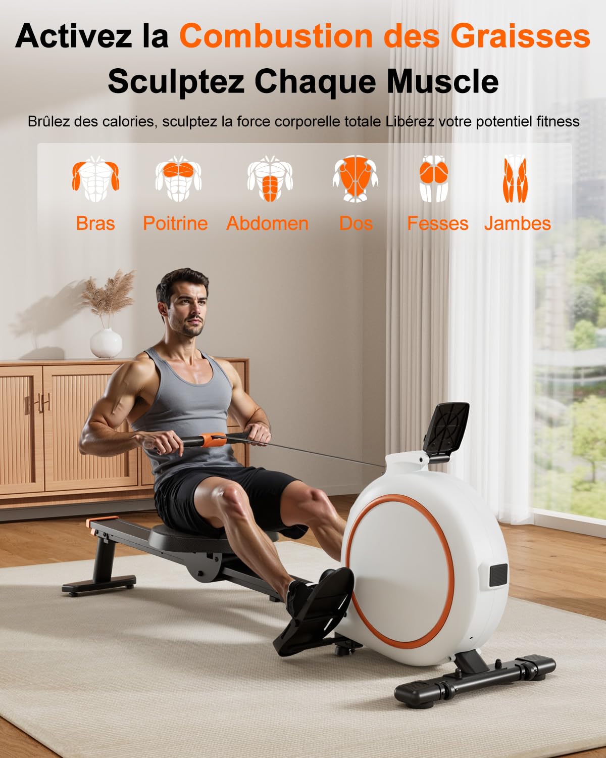 Superun Rameur avec 32 Niveaux de Résistance Magnétique Silencieuse, Rameur Cardio pour La Salle de Gym à Domicile, avec Écran LCD, Compatible APP