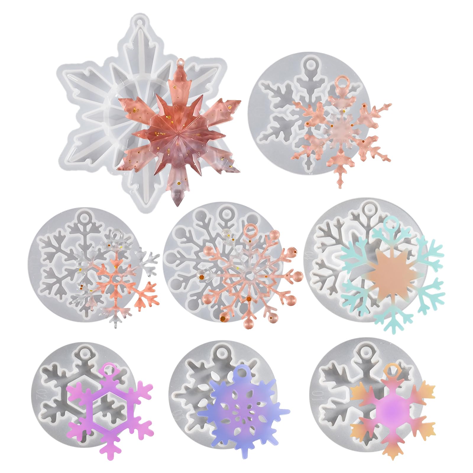 Bekecidi 8 PCS Christmas Resin Moulds, Epoxy Resin Moulds Snowflake Silicone Moulds for Resin Casting Silicone Pendant Mold for Keyring Jewellery Making Kit Xmas Tree Ornament DIY Crafts Gifts