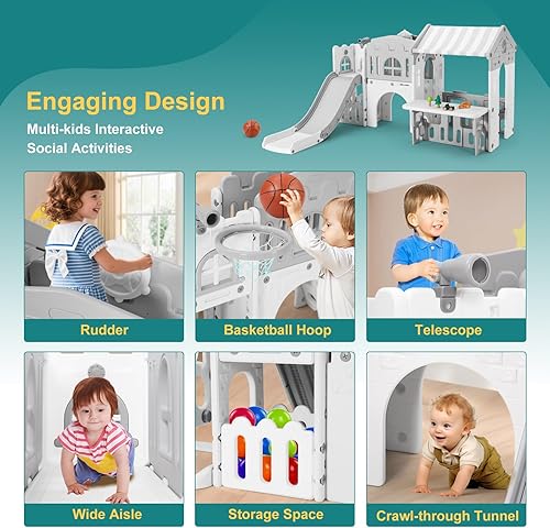 Miniatura 7 de JOYLDIAS Tobogán 9 en 1 para niños pequeños, juego independiente de escalador para niños, casa de juegos para niños pequeños con tobogán, aro de