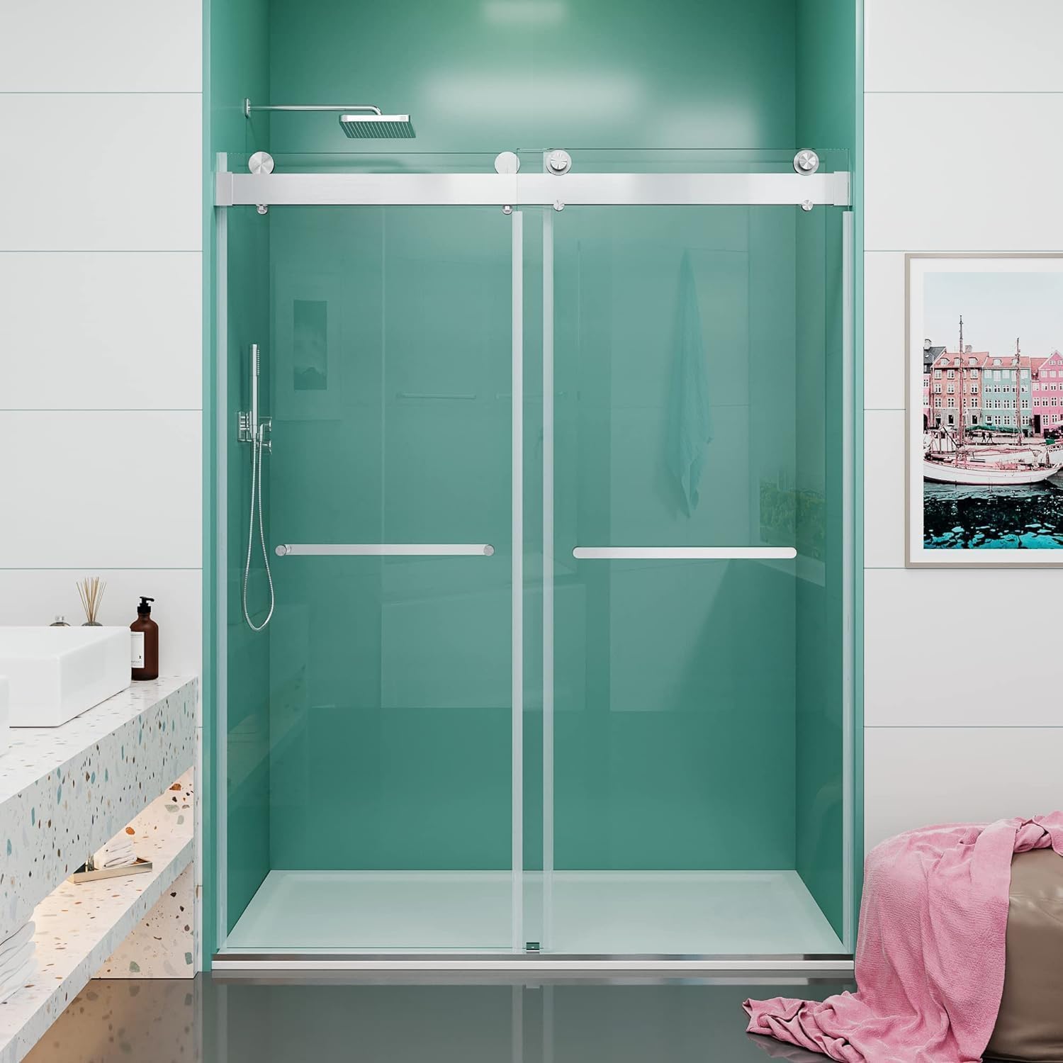72-76" W x 76" H Frameless Sliding Shower Door with Soft Closing System, 3/8" (10mm) Clear SGCC Tempered Glass Bathroom Shower Door, Width Adjustable, Brushed Nickel