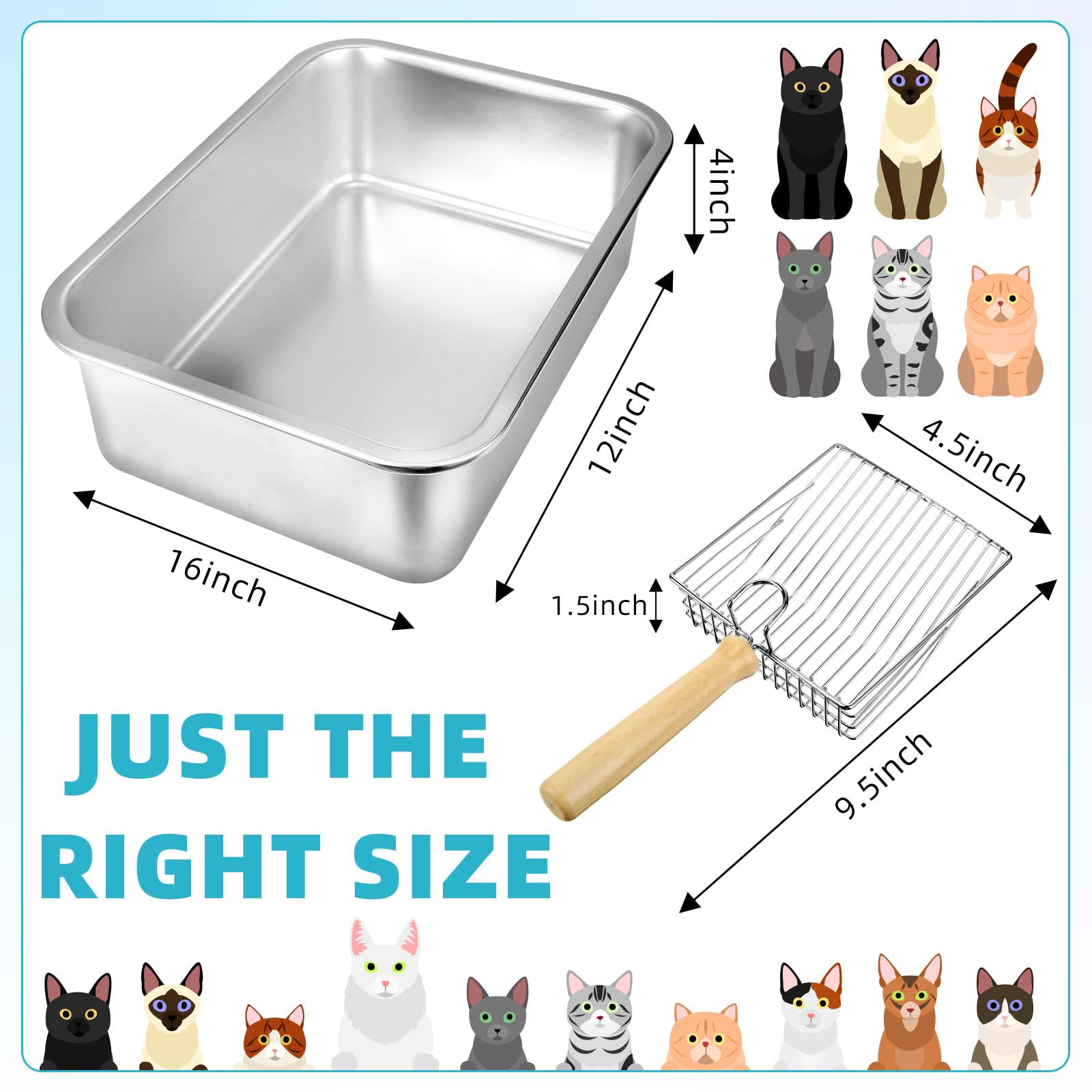 Zhehao 3 Pcs Stainless Steel Cat Litter Box with 3 Pcs Wood Handle Cat Litter Scoop, 15.8 x 11.8 x 3.9 Inch Metal Litter Box Rustproof Non Stick Cat Pan with Deep Cat Scooper for Bunny Kitten Kitty