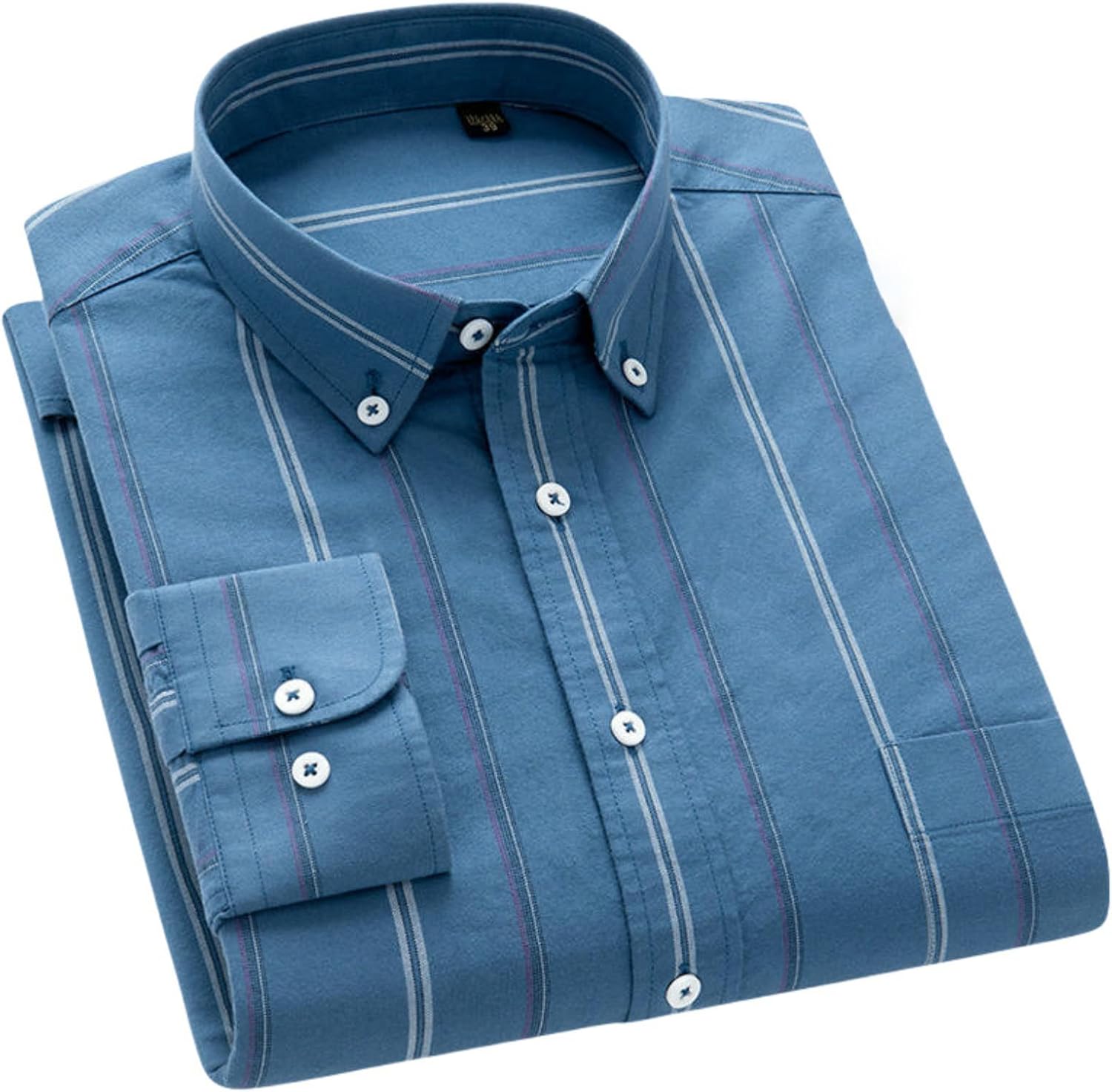 Men's Spring Autumn Cotton Oxford Long Sleeve Striped Casual Business Pocket Plaid Shirt