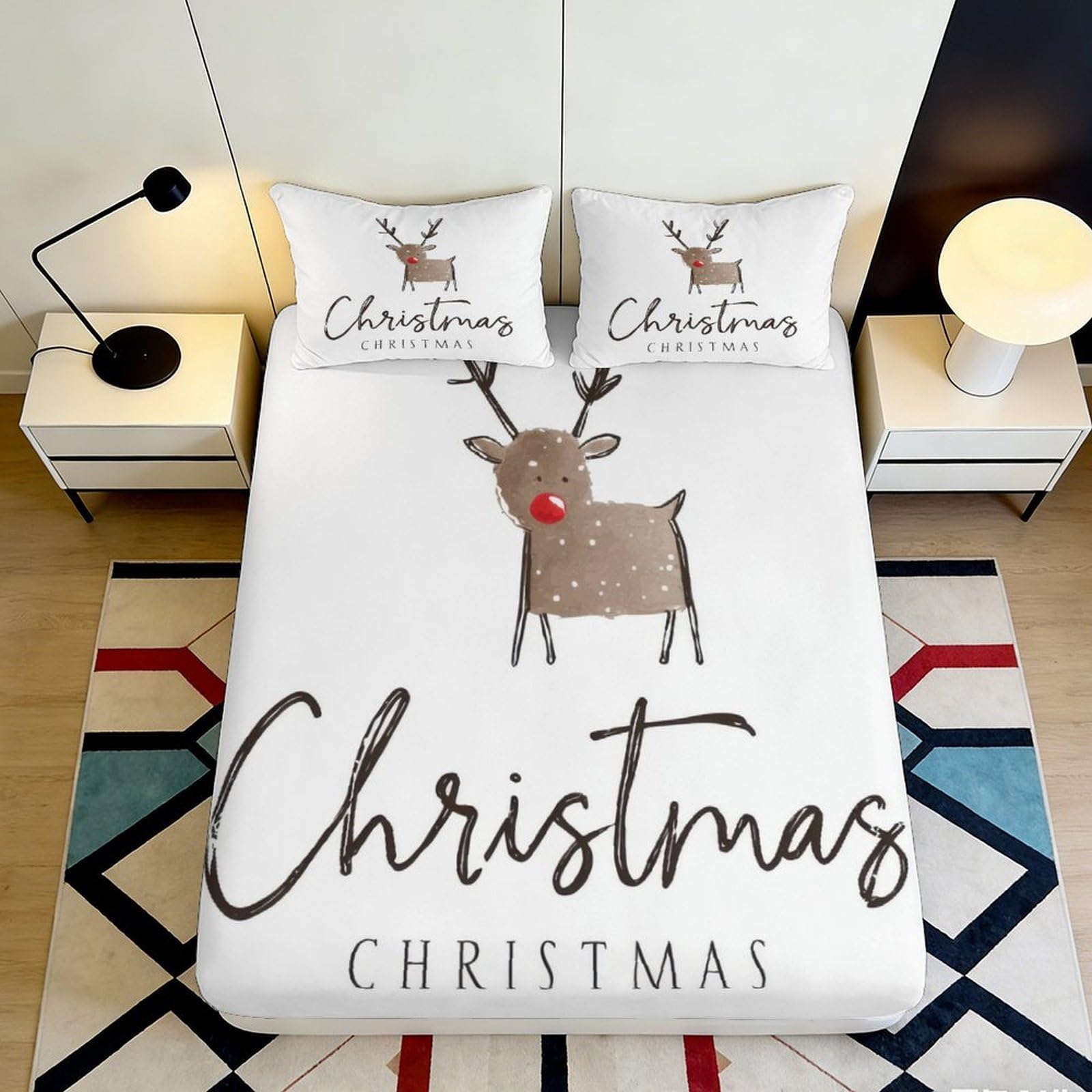 3D Printed Christmas Reindeer Fitted Sheet Microfiber Soft Non-Slip Bed Sheet Bedroom Guest Room Decor Easy Care 90x200x25cm