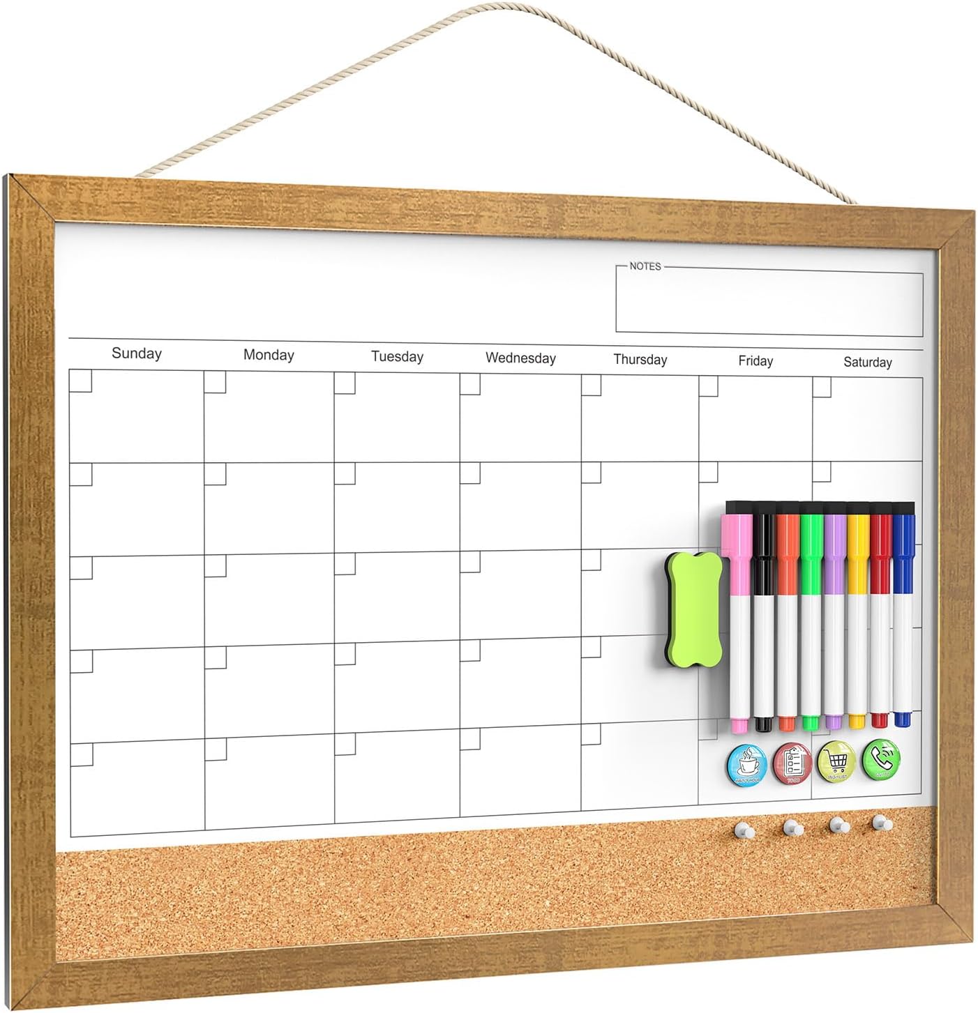 Calendar Whiteboard for Wall, 18x24 Inches White Board Calendar Dry Erase, Magnetic Monthly White Board with Gold Wood Frame, Hanging Dry Erase Board for Kitchen Home Office School Planner