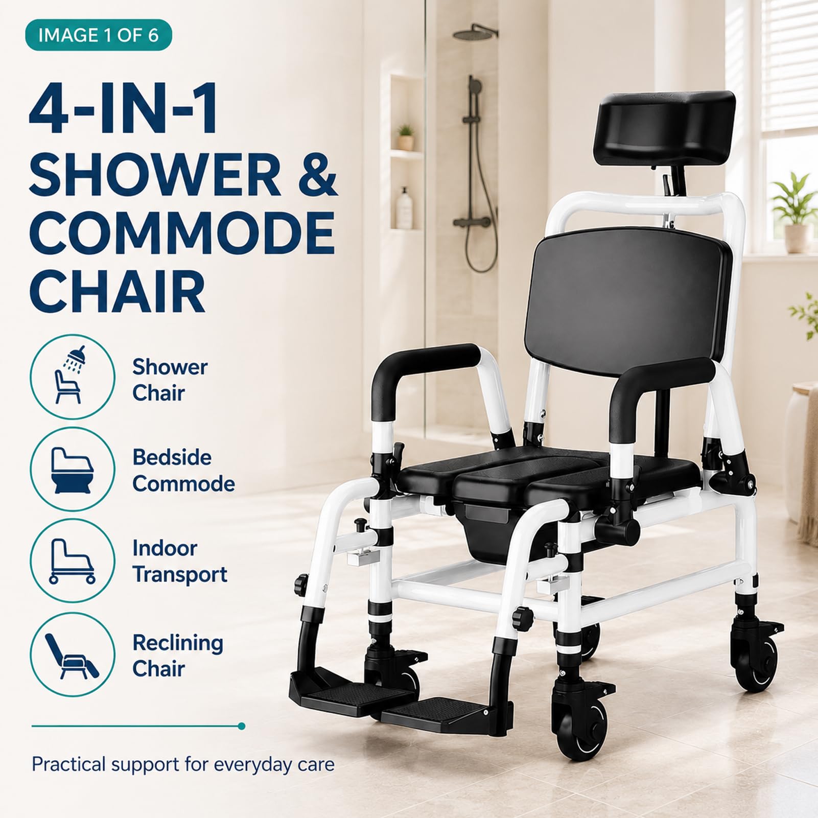 Silla De Baño con Ruedas, Silla Inodoro 4 En 1 Reclinable para Ancianos