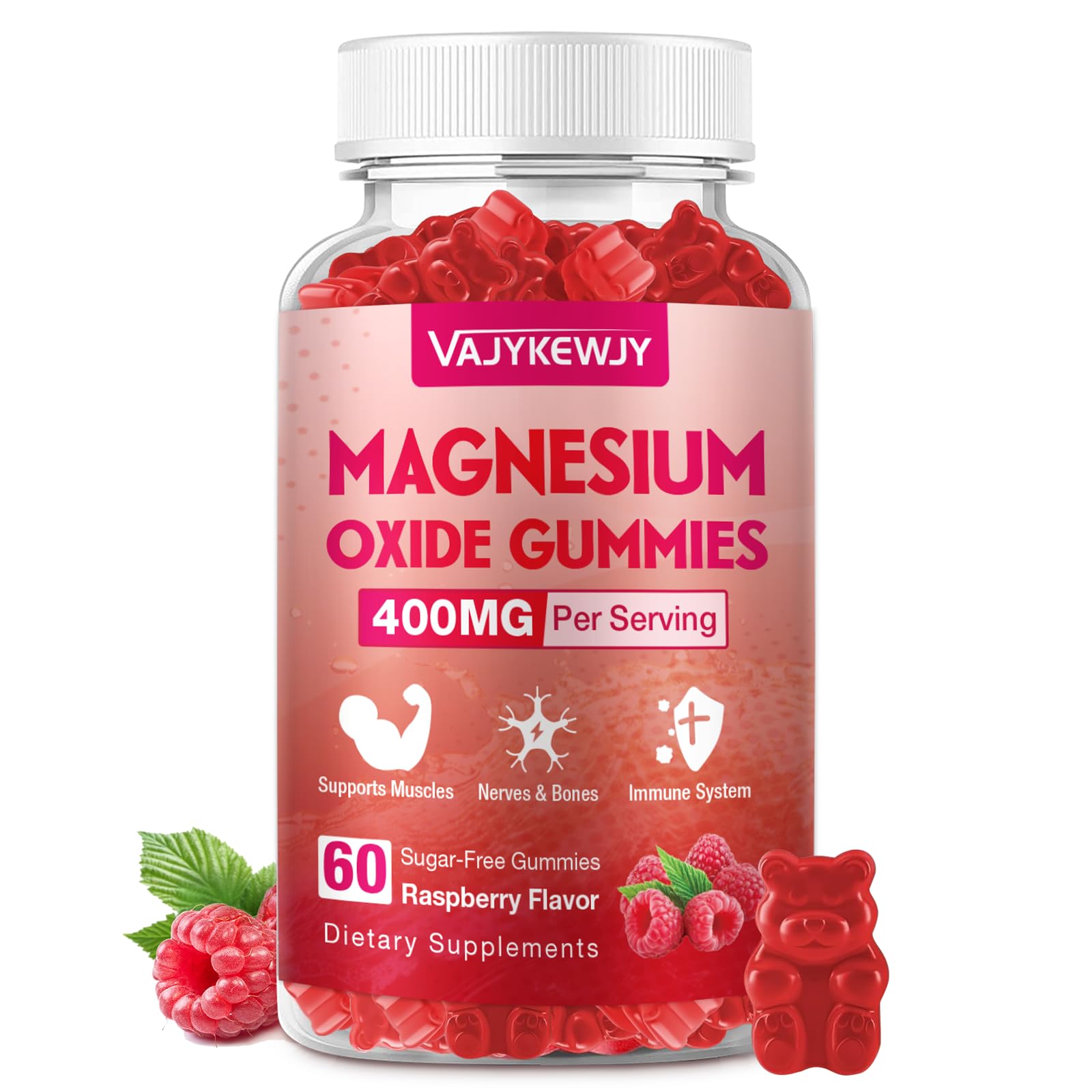 Magnesium Oxide Gummies 400mg for Adults & Kids – High Absorption Stress Relief, Muscle Relaxation – Vegan, Non-GMO, Raspberry Flavor – 50 Count