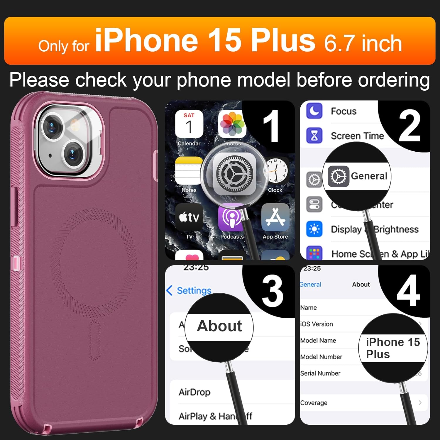 for iPhone 15 Plus Case with Stand & Built-in Camera Cover, MagSafe Compatible, Heavy-Duty Shockproof Protection, Magnetic & Rugged Phone Cover for iPhone 15 Plus 6.7'', Purple-Pink - Image 2