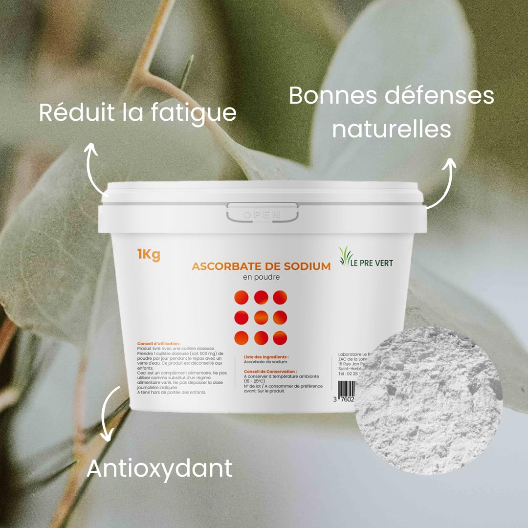 ASCORBATE DE SODIUM 100% pur - Pot 1 KG - Le Pré Vert - Energie - Immunité - Antioxydant
