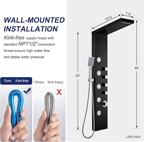 Miniatura 3 de ROVATE Sistema de panel de ducha tipo cascada, torre de ducha de acero inoxidable 304 con 5 chorros de masaje de cuerpo de lluvia y 3