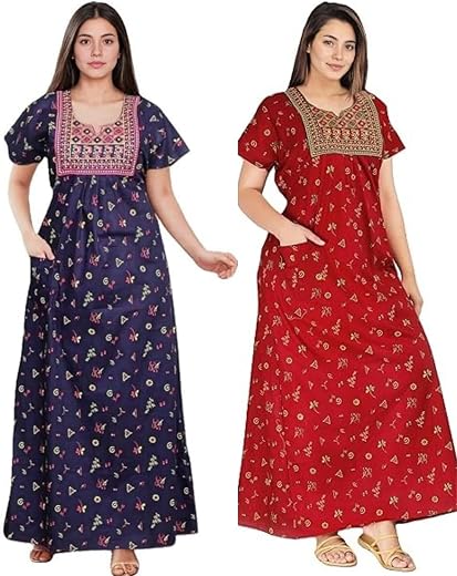 TOUT ENSEMLE Women's Cotton Jaipuri Nighty Gown – Pack of 2 Rajasthani Print Night Dresses | Maxi Sleepwear with Pocket | ...