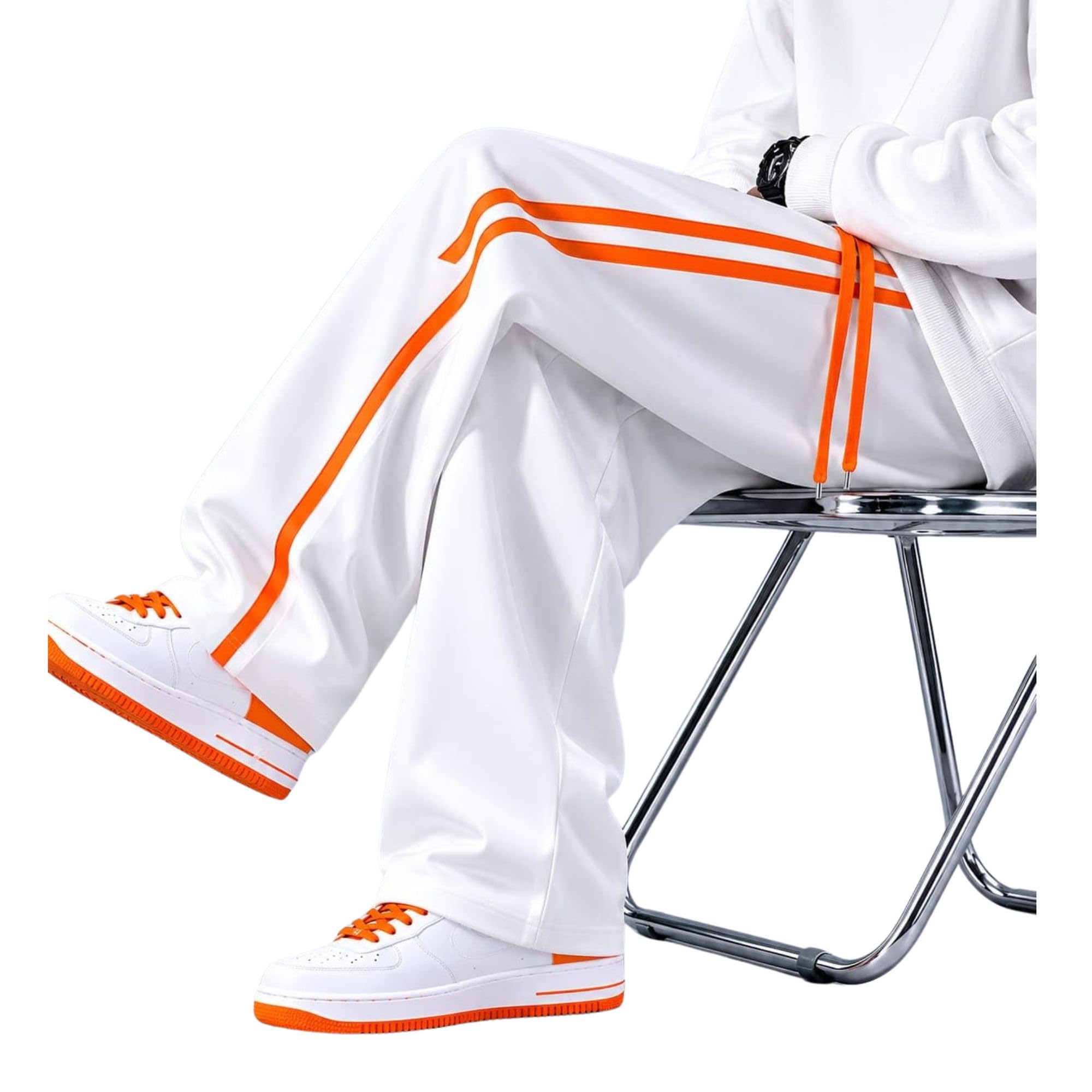 hhh venice Men's Baggy Track Pants, White with Orange Side Stripes, Cotton, Oversized Fit, Wide Leg, Drawstring Waist-picture-24