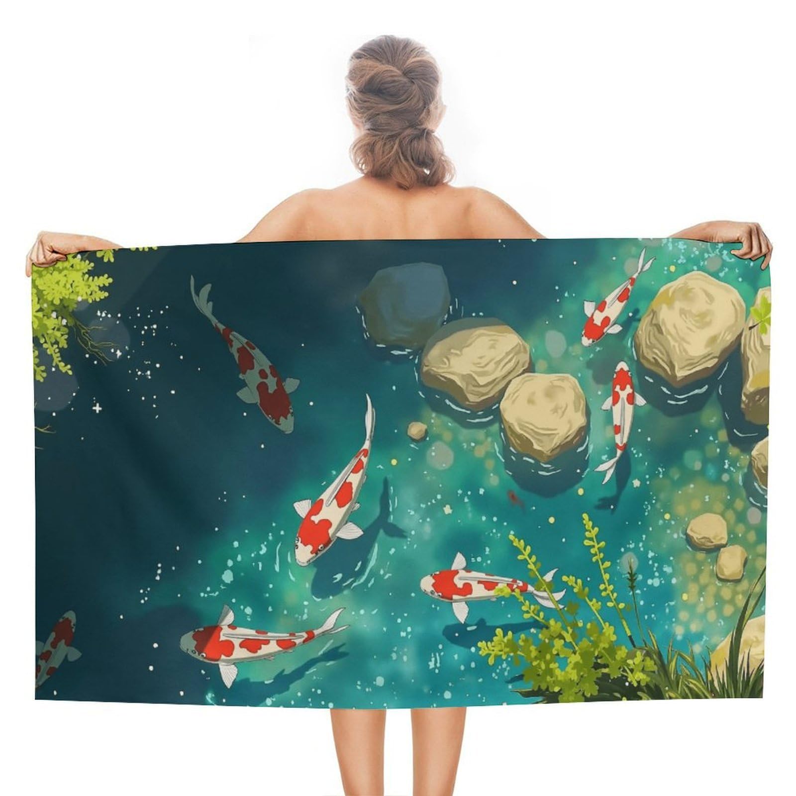 Anceky Koi Pond Beach Towel Microfiber Soft Absorbent Oversized Large Bath Towel Blanket Thin Quick Dry for Adults Swimming Pool Yoga Gym Travel 51"X31"